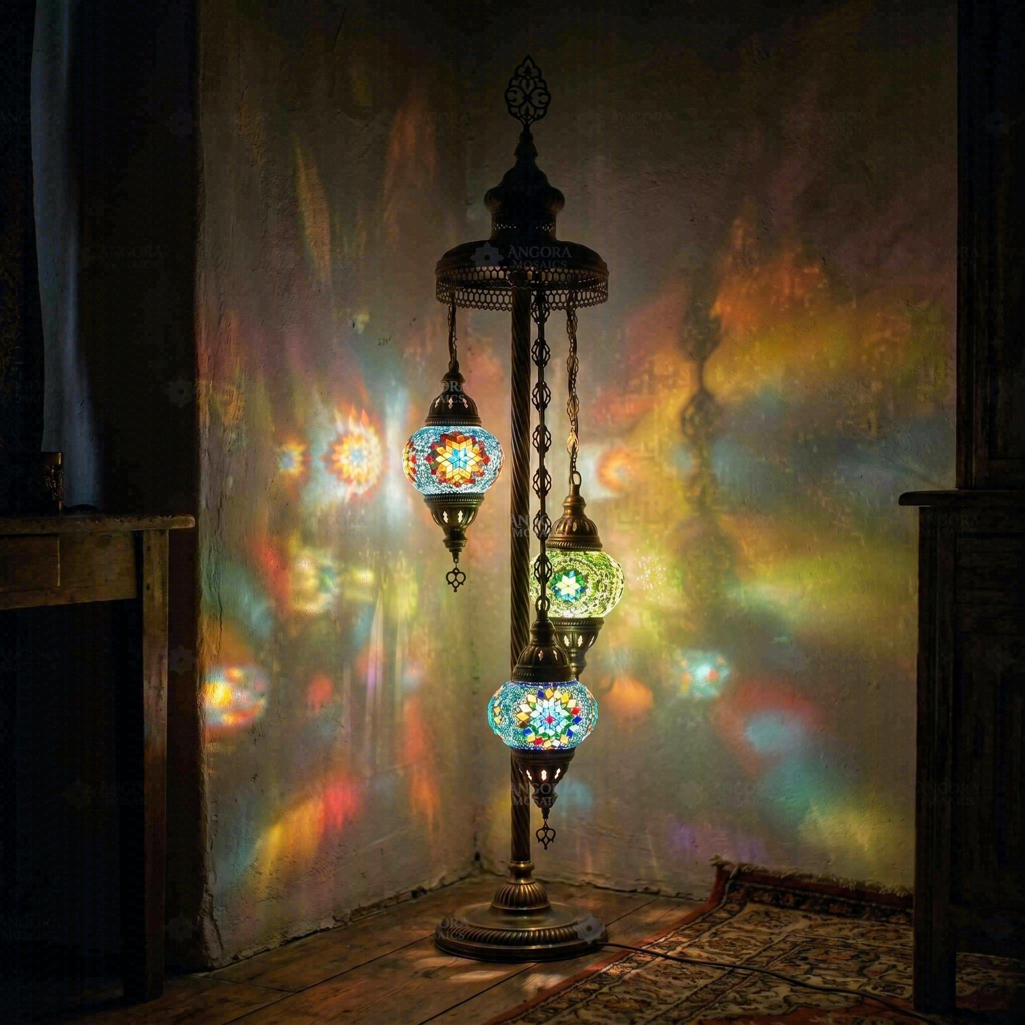 ENVA Multicolor Mosaic Floor Lamp - Turkish Mosaic Lamp - 3 Globe Handmade Boho Standing Light - Moroccan Antique Brass Fixture
