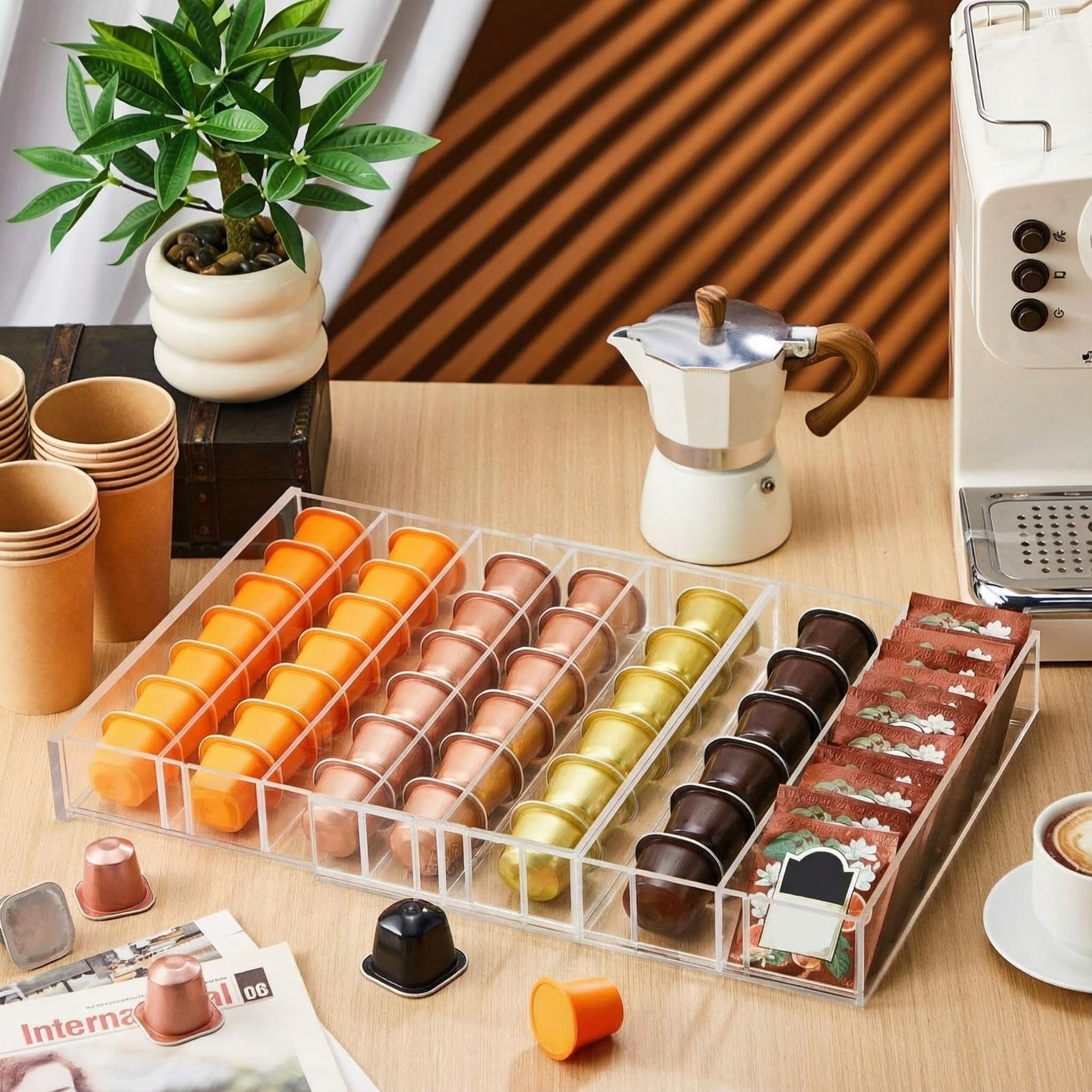 Briwooody Soporte acrílico expandible para cápsulas de café compatible con cápsulas Nespresso Vertuo, organizador de cajones, 10 compartimentos ajustables, capacidad para 35 a 70 cápsulas o 105 bolsas