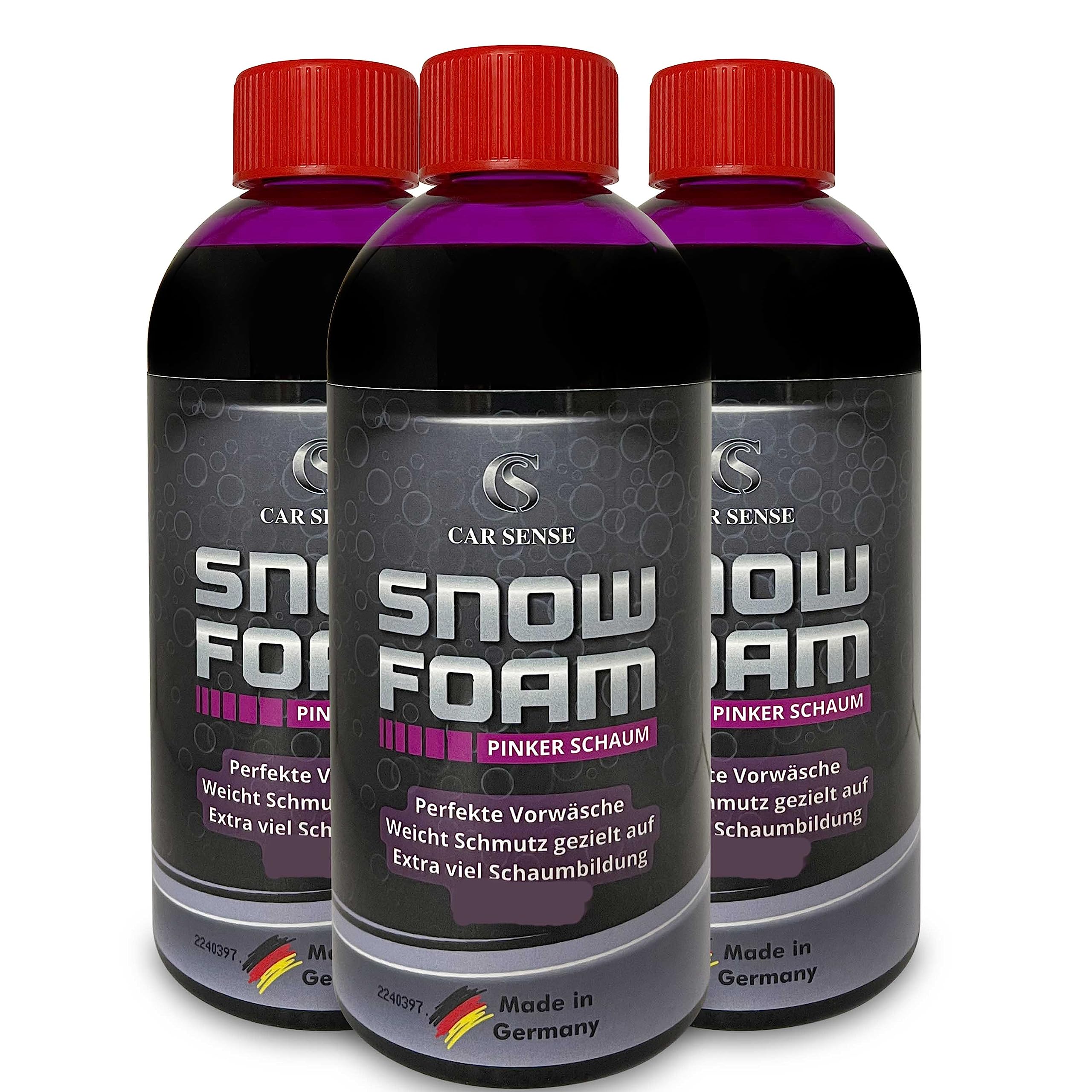 Car Sense Snow Foam pinker Schaum 3x0,5L gründlicher Auto Schaumreiniger I Perfekt geeignet für eine effektive Vorwäsche, dichter gut riechender Schaum