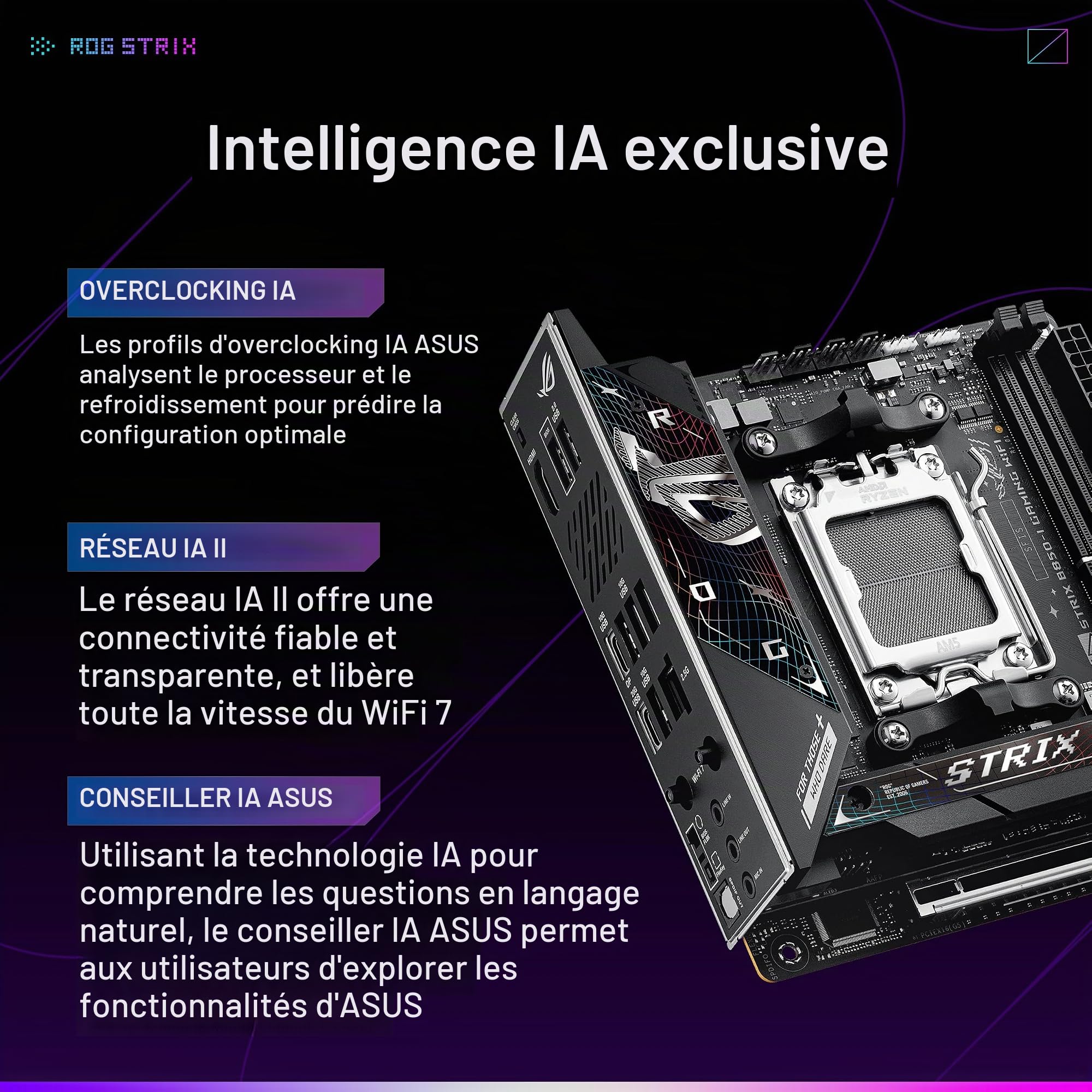 ASUS ROG Strix B850-I WiFi pour jeu AMD AM5 B850 Mini-ITX mITX Carte mère 10+2+1 étapes, DDR5, 2.5G LAN, WiFi 7, 2X M.2, PCIe 5.0 x16, USB 20 Gbit/s Type-C, AI Overclocking, AI Networking II, Aura