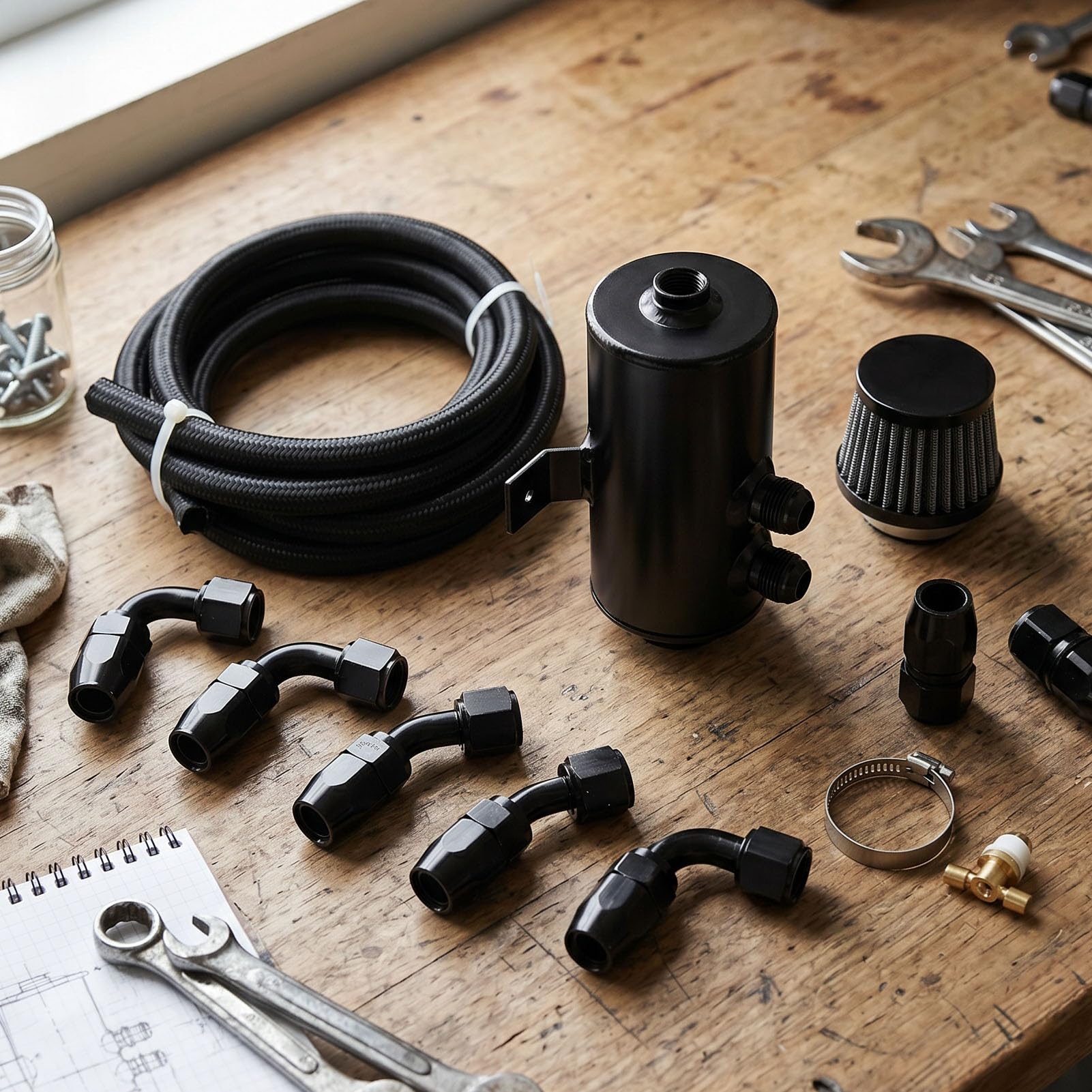 Kit de Colector de Aceite, Tanque de Respiro Reutilizable y Kit de Conexiones de Manguera de AN10, para Modificación de Automóviles (BLACK)