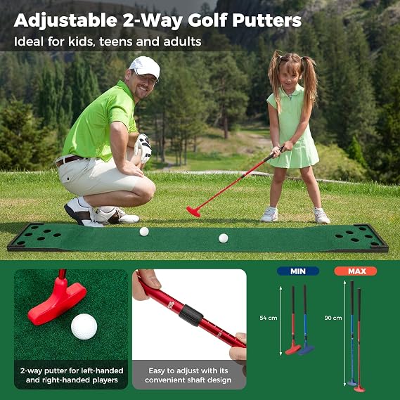 COSTWAY Putting Green Mat, 11 FT Premium Golf Pong Game Set with 2 Adjustable Putters, 6 Balls and 12 Hole Covers, Indoor Outdoor Golf Training Mat