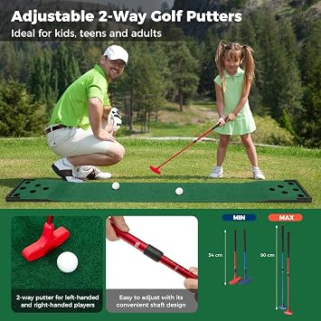 COSTWAY Putting Green Mat, 11 FT Premium Golf Pong Game Set with 2 Adjustable Putters, 6 Balls and 12 Hole Covers, Indoor Outdoor Golf Training Mat