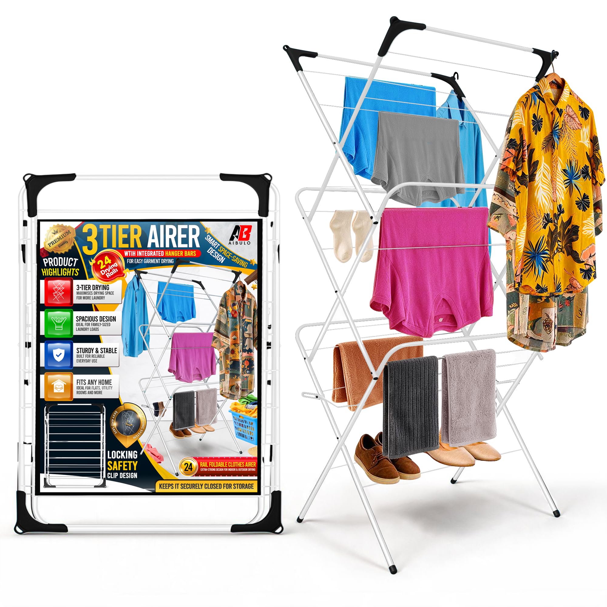 AIBULO 3 Tier Clothes Airer 24 Rails Heavy Duty | Foldable Clothes Drying Rack | 15KG Capacity Laundry Clothes Horse | Indoor Outdoor Space Saving Airer | Black & White