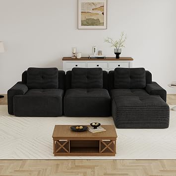 117.3" Modern L Shape Boneless Couch with Ottoman, 3 Seater Corduroy Modular Sectional Sofa, Comfy Cloud Sleeper Sofa with Deep Seat, Upholstered Couches for Living Room, Apartment, Black