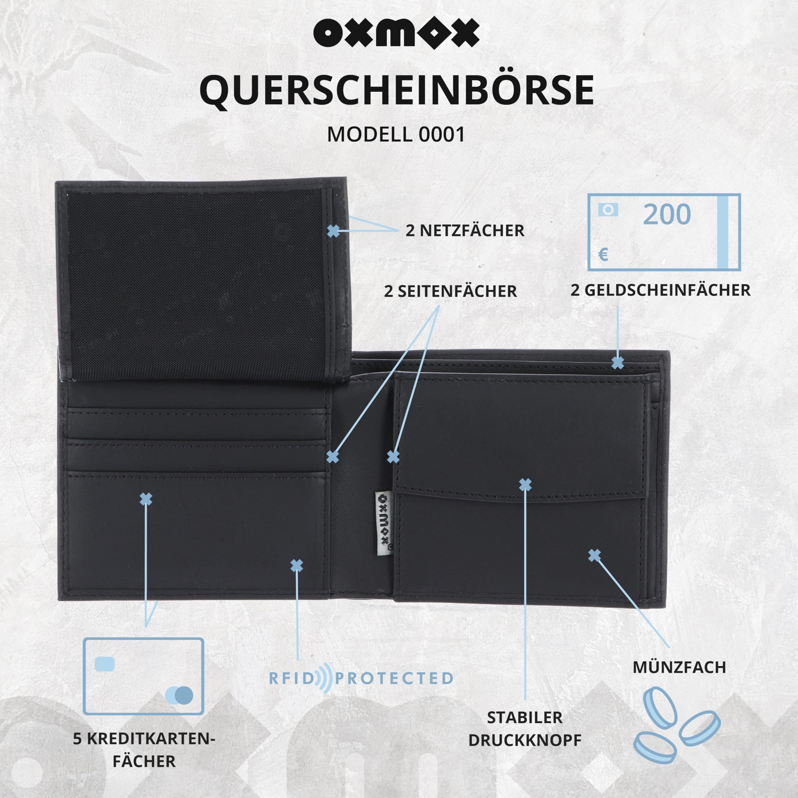 Oxmox Leder Geldbörse Leather RFID Protect Querscheinbörse Freedom Cross Embossed Black schwarz