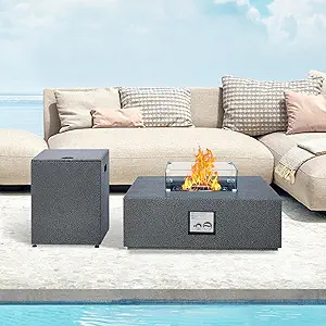 36 in Outdoor Propane Gas Fire Pit Table, 50000BTU Iron Gas Firepit Table w 16 in Tank Cover, Wind Guard, Removable Lid, Blue Fire Glass, Rain Cover, CSA Certified Firepit Set for Outside