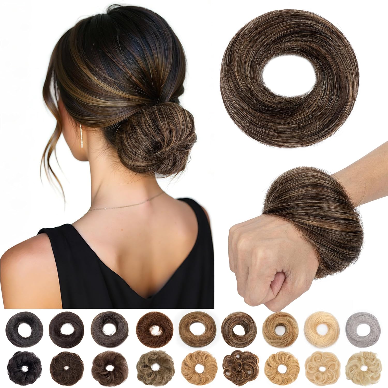 S-noilite Thick Messy Bun Hairpiece Real Human Hair for Women Realistic Natural Tousled Updo Bun Scrunchie Donut Chignon Hair Piece Dark Auburn