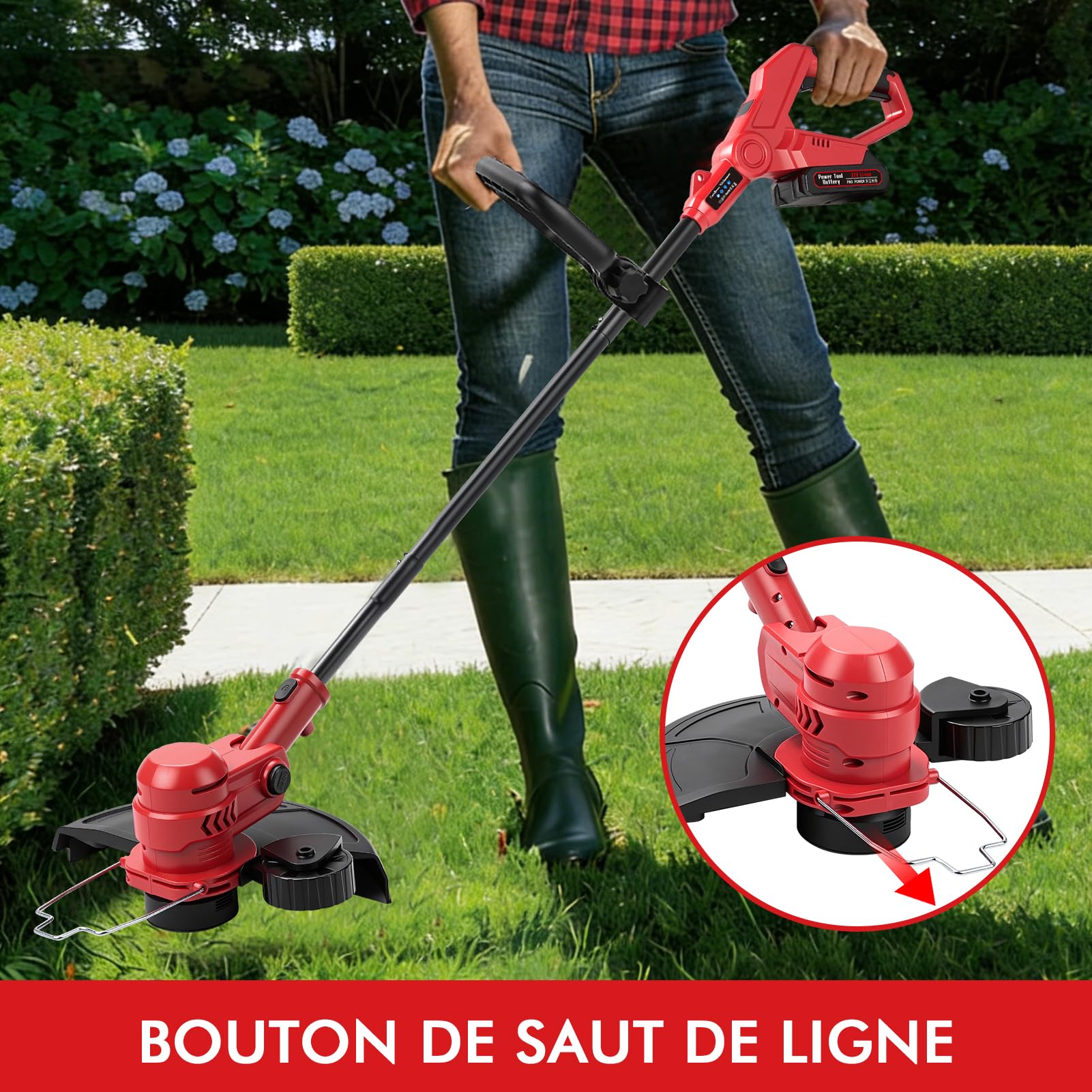 Coupe Bordure sans Fil avec Batterie, 21V Debroussailleuse Electrique sans Fil Coupe-Bordures Et Bordeuse, 30cm Largeur Coupe Rotofil Batterie avec 2 Batteries 1.5 Ah Et Chargeur,4 Bobines De Fil