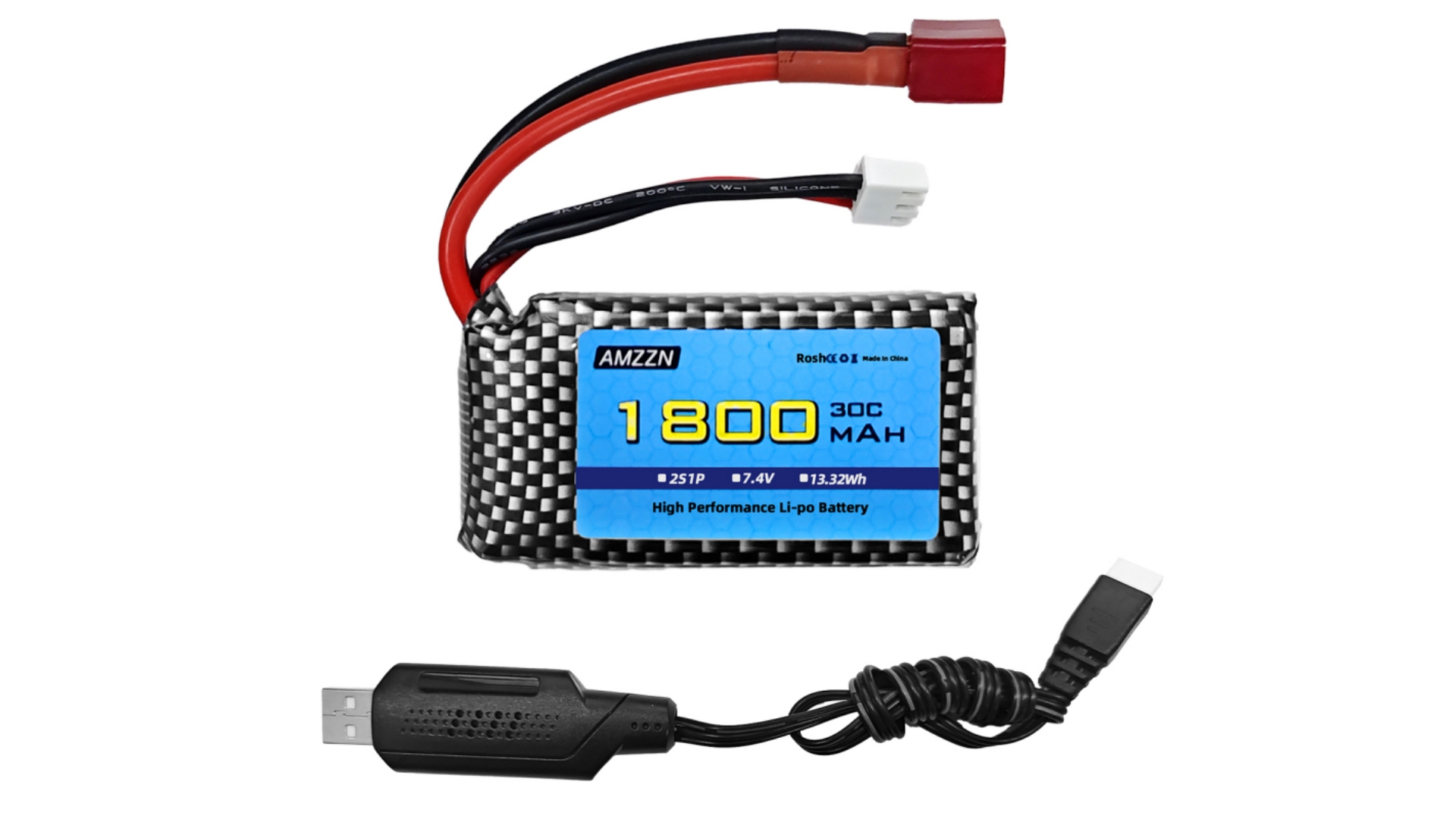 Lot De 2 Batteries LiPo 7.4V 1100mAh 30C Avec Chargeur 2-en-1 - Compatible HBX 18859 18858 DEERC 300E HS181 Et Plus
