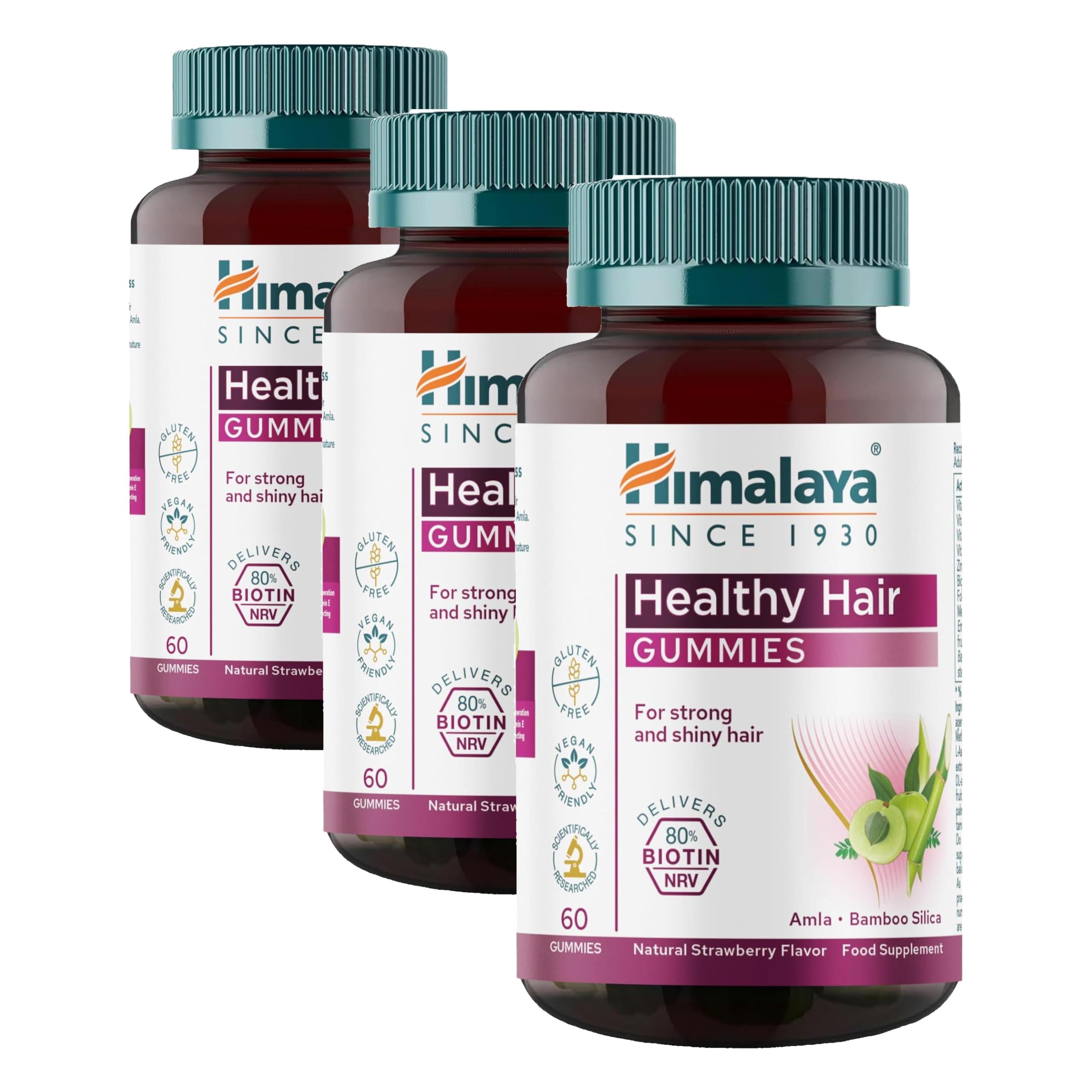 Himalaya Healthy Hair Gummies – Capelli forti e lucenti – Delizioso gusto fruttato naturale – Biotina, silice di bambù, amla – Vegano, 60 Caramelle Gommose (Confezione da 3)