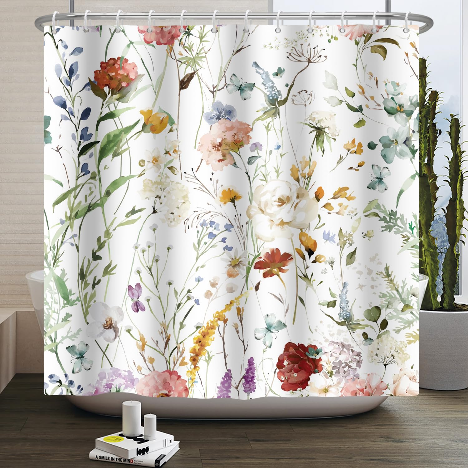 SDOTPMT Watercolour Plants Shower Curtain,Colorful Herbaceous Flower Boho Bath Curtain Resistant Washable Bathroom Decor Waterproof Quick-Drying Shower Curtain with Hooks 55x72inch — image 1