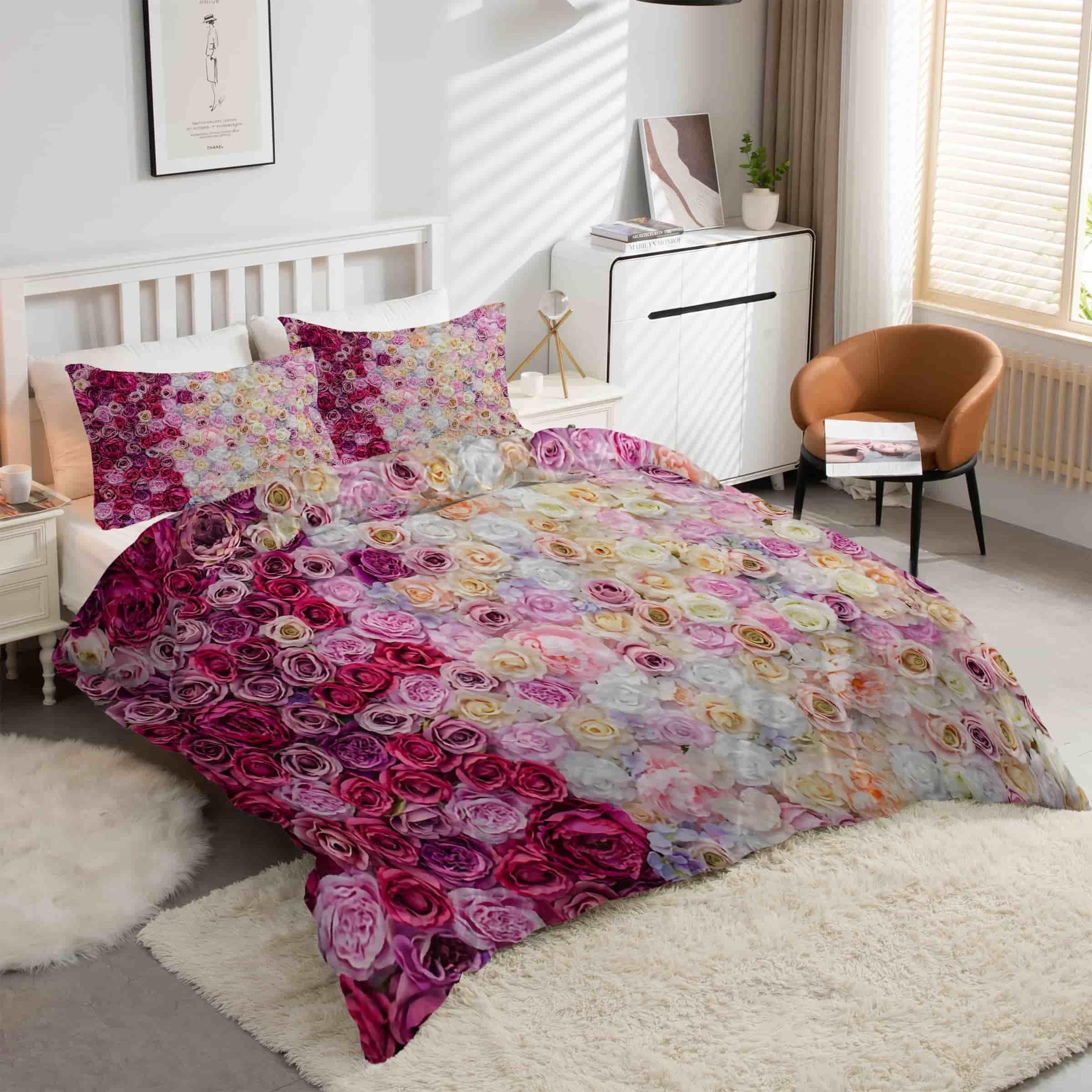 Parure de lit 90x190 fleurs rose en microfibre douce avec housse de couette kK1064