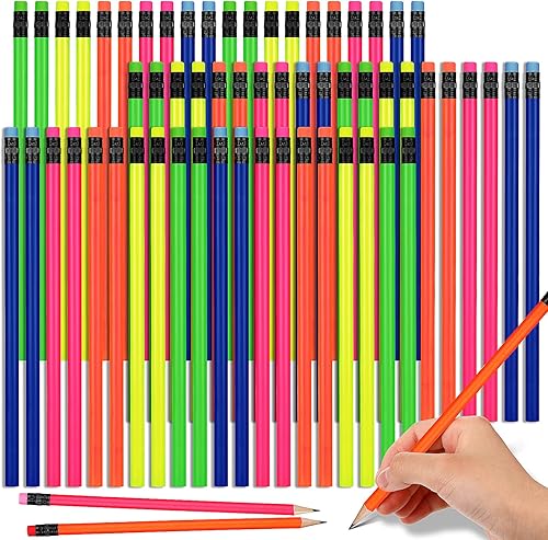 Outus Lápices de neón para niños, lápiz de madera HB con borrador, lápices de madera de colores fluorescentes, lápices redondos de colores, lápices