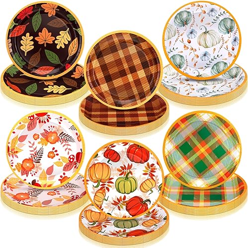 Miniatura 1 de Uiifan 120 platos de papel de otoño de Acción de Gracias, diseño retro, hoja de arce, calabaza, a cuadros, platos de postre desechables, platos