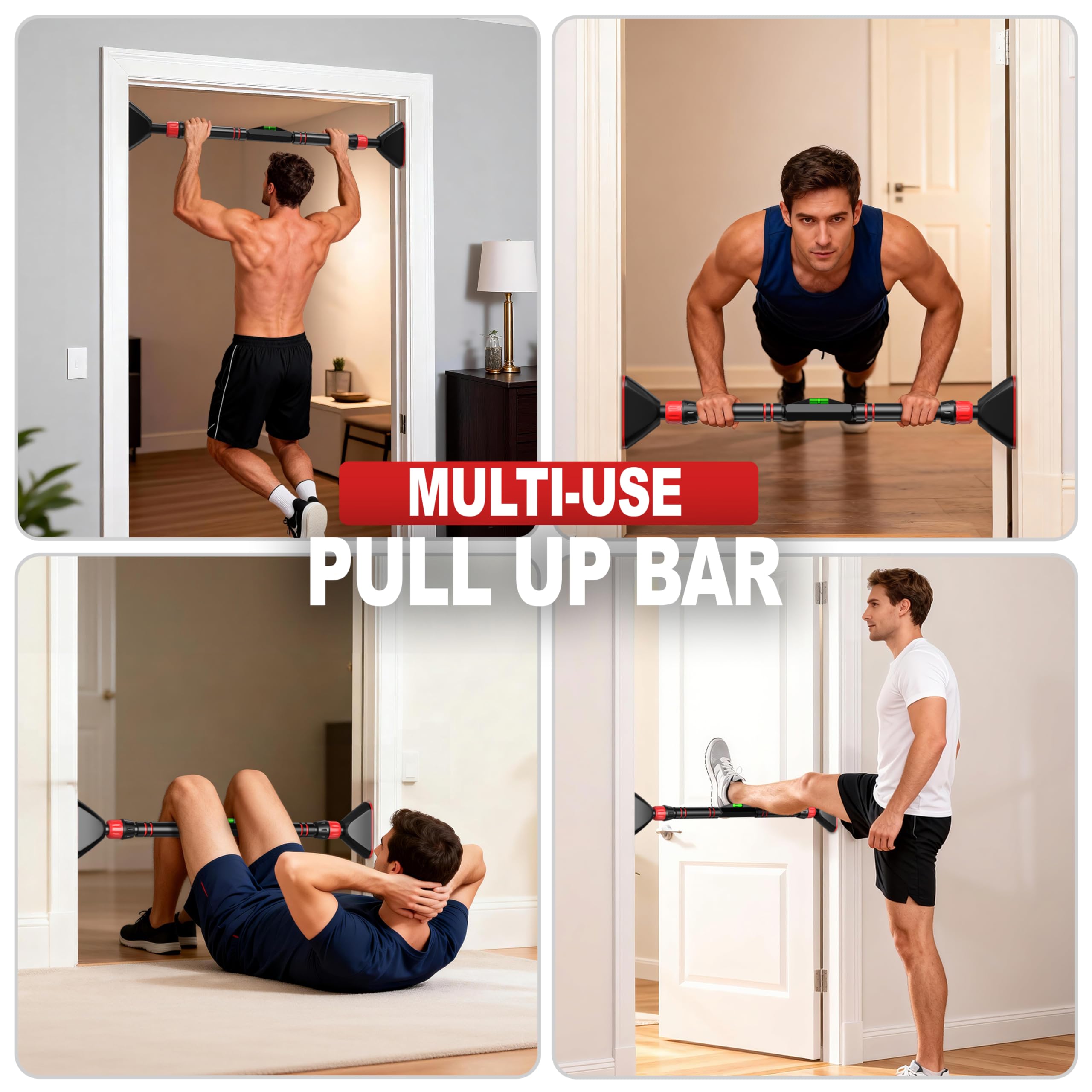 Barre de Traction réglable de 74 à 98cm,Barre de Traction pour Porte sans vis,Avec niveau,Avec tapis de protection murale,antidérapant,Jusqu'à 200 kg.