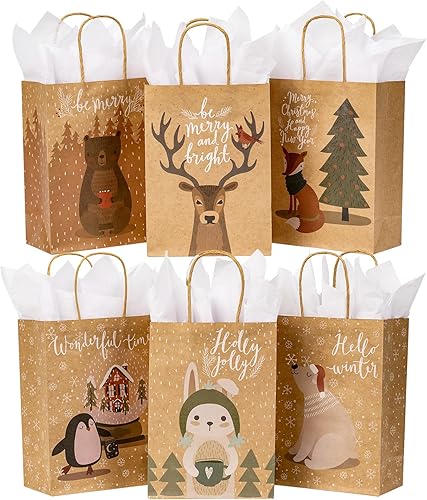 LeZakaa Surtido de 24 bolsas de regalo de Navidad, bolsa de regalo de papel kraft  6 diseños de animales  8 x 6 x 4 pulgadas