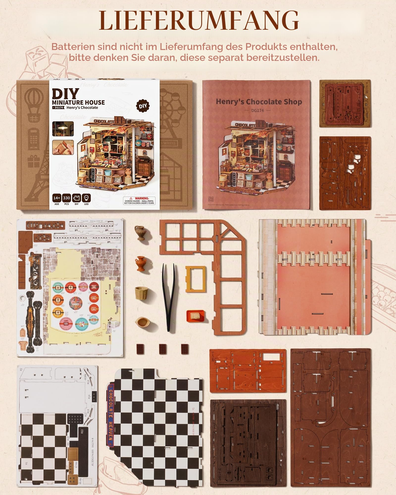 ROBOTIME DIY Miniatur Haus Bausatz Henry's Schokolade, Holz Puppenhaus Modell Bausatz Mit LED und Möbeln, Wohndekor Bastelgeschenke für Erwachsene und Jugendliche