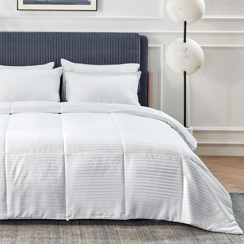 Duvet Insert California King - Lightweight Comforter, Cooling Duvet Insert, Down Alternative Summer Comforter with 8 Tabs, Ultra Soft, Striped, Cal King, White, 96x102 inches