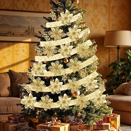 Miniatura 6 de Juego de 24 decoraciones doradas para árbol de Navidad, flores de Pascua artificiales, juego de decoración de cinta de Navidad para árbol de Navidad