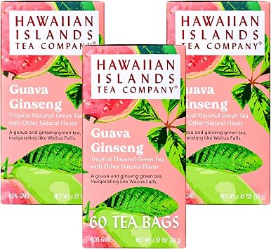 Hawaiian Islands Guava Ginseng Tropical Green Tea 60 Tea Bags Pack of 3