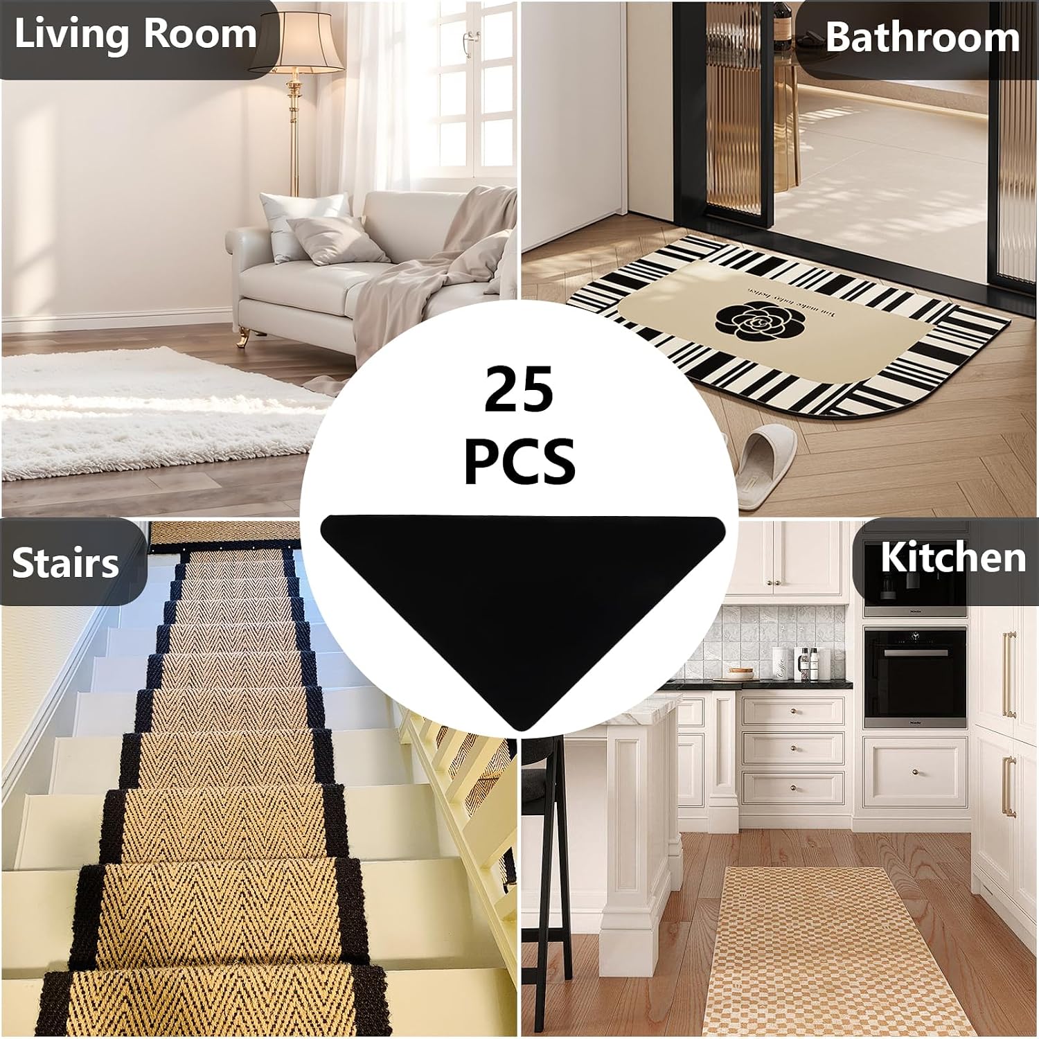 Tecbeauty 25 Pcs Rug Tape, Non Slip Rug Pads Grippers for Hardwood Floors, Reusable and Washable Carpet Tape for Area Rugs to Keep Corners Flat