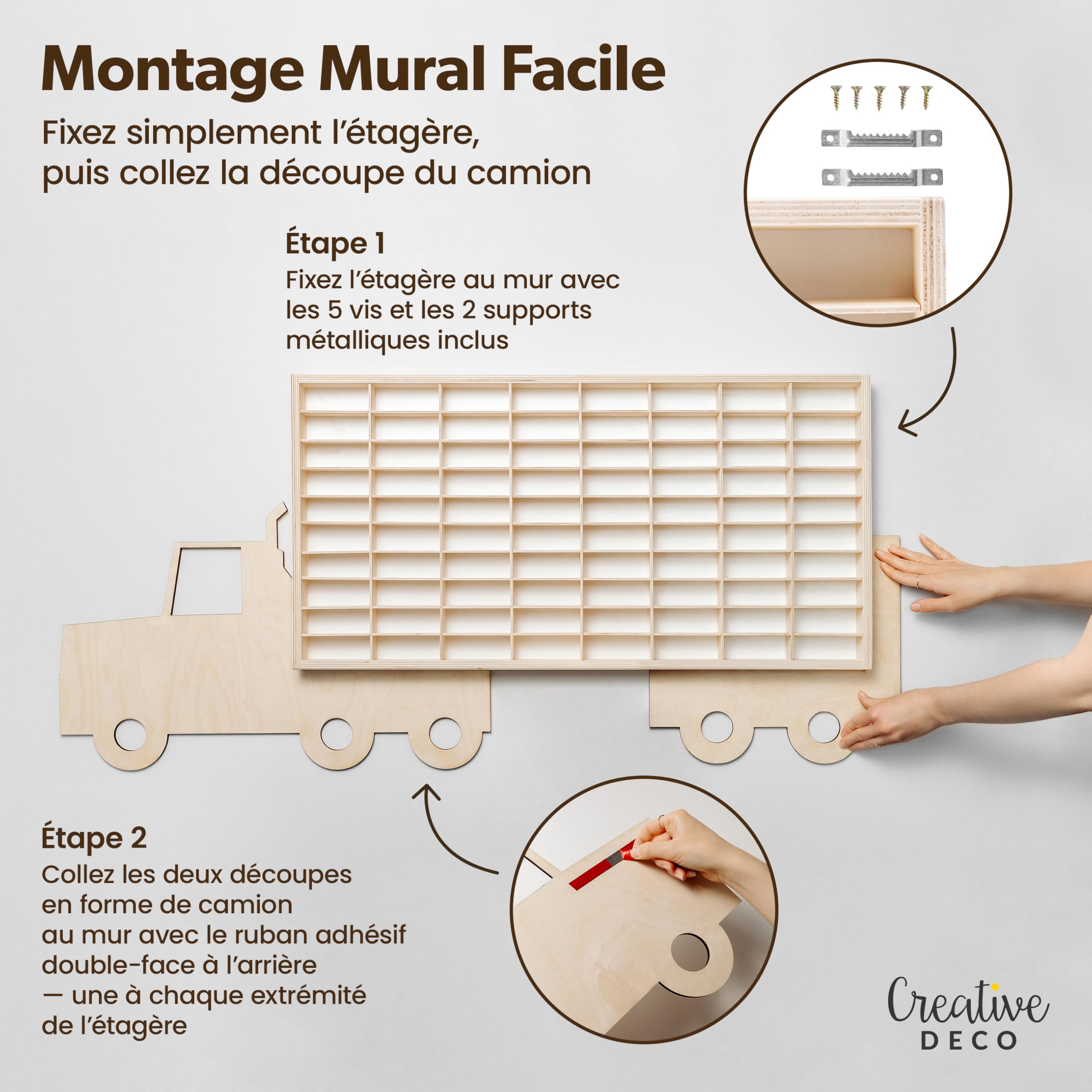 Creative Deco Étagère de Collection en Bois pour Petites Voitures – 80 Compartiments Réglables | Étagère Murale Verticale pour Figurines | Vitrine de Collection en Forme de Camion 116 x 54 x 5 cm