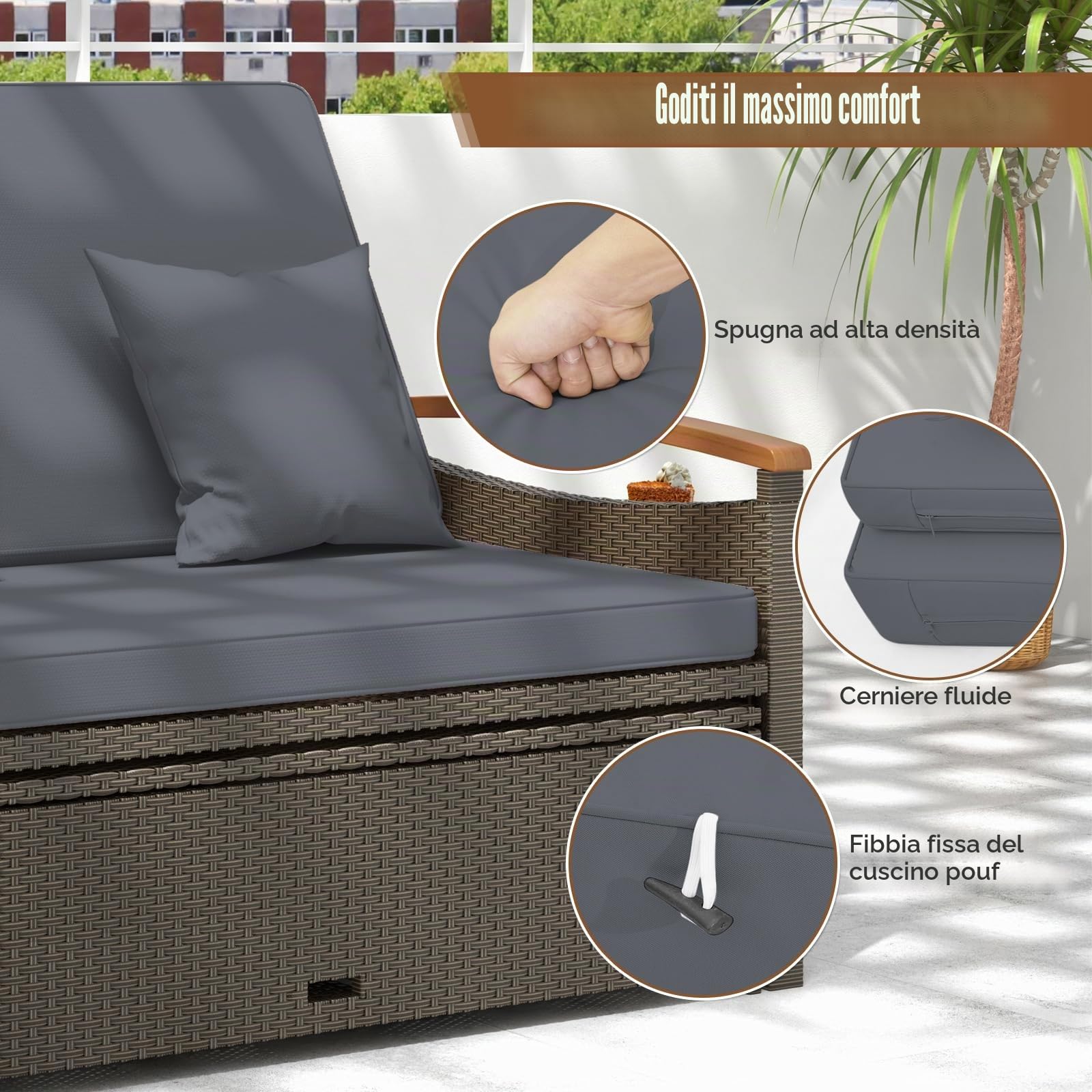 GIANTEX Divano da Giardino in Rattan a 2 Posti con Funzione Allungata, Set di Mobili in Rattan con Sgabello, Doppia Sedia a Sdraio per 2 Persone, 3 Colori