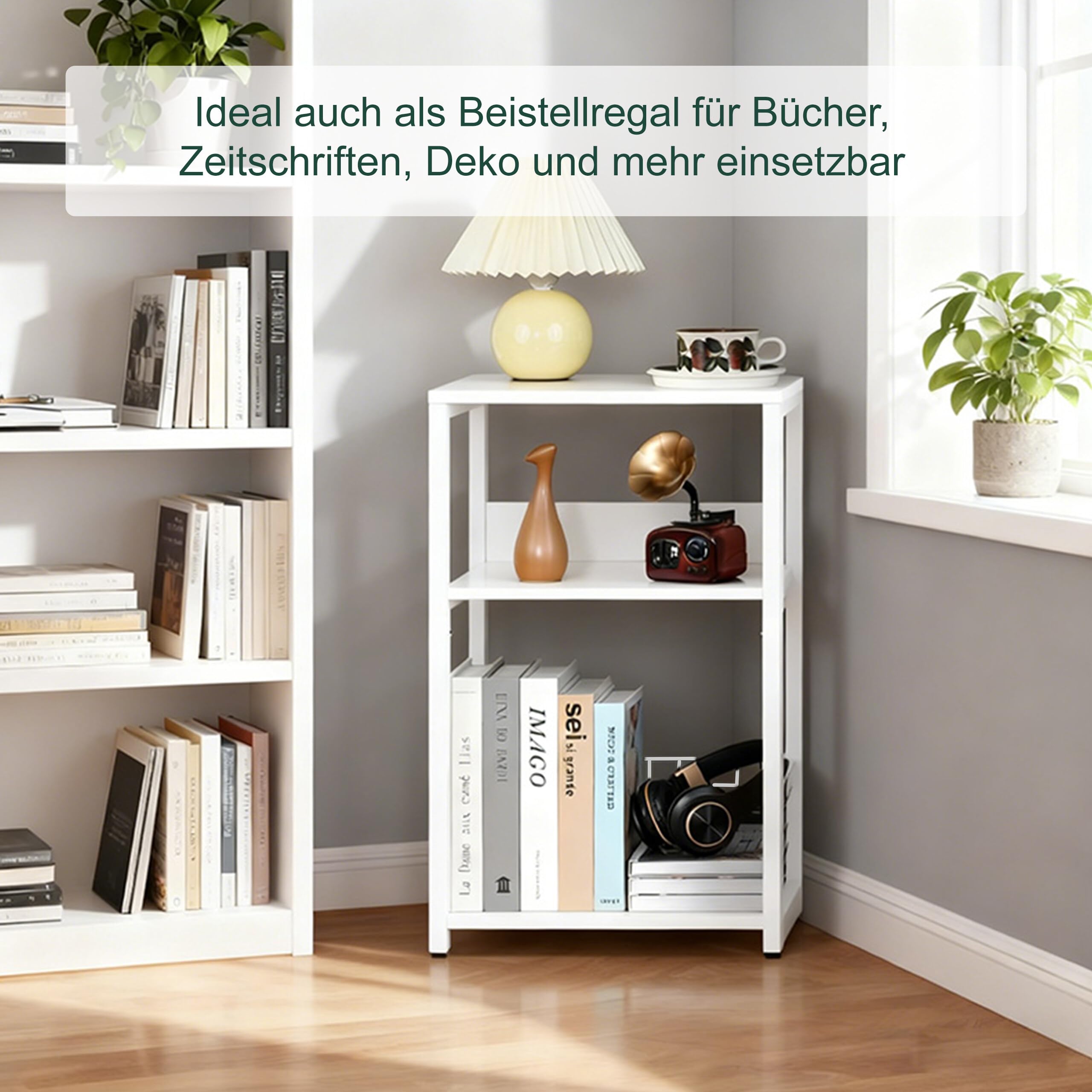 Relaxdays Plattenspieler Tisch, 3 Ebenen, Trennwände, HBT: 65x40x30 cm, Eisen, MDF, Schallplattenspieler Regal, weiß