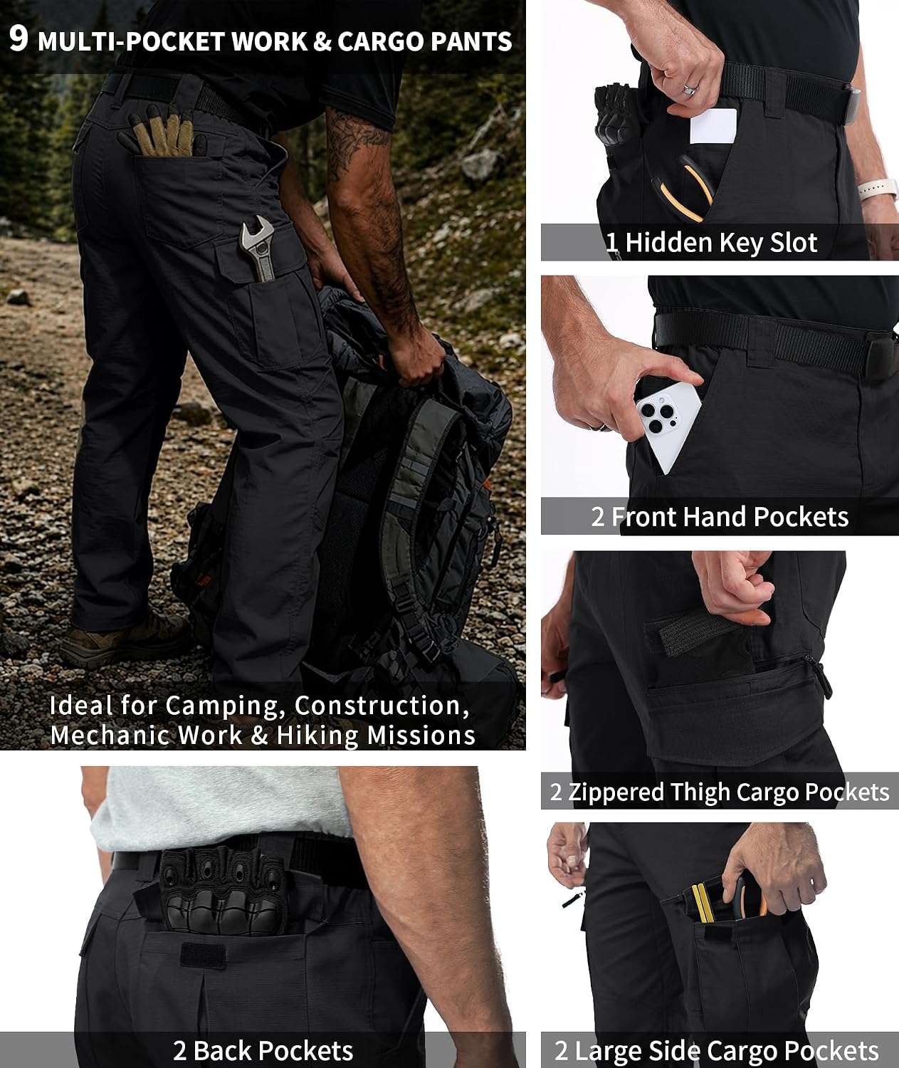 ZITY Men's Ripstop Tactical Cargo Pants, Water Resistant Lightweight 9 Pockets EDC Work Pants, Outdoor Hiking Construction