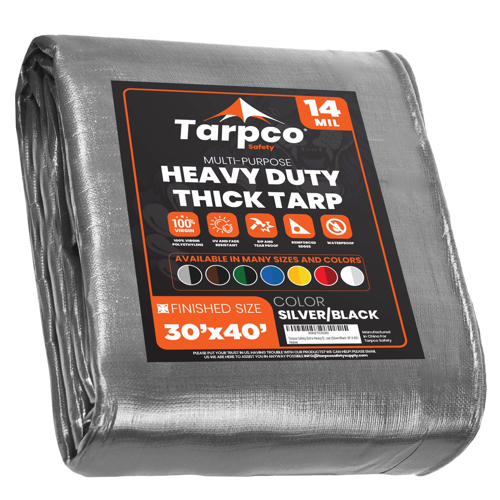 Extra Heavy Duty 14 Mil Tarp Cover, Waterproof, UV Resistant, Rip and Tear Proof, Poly Tarpaulin with Reinforced Edges for Roof, Camping, Patio, Pool, Boat (Silver/Black 30′ X 40′)