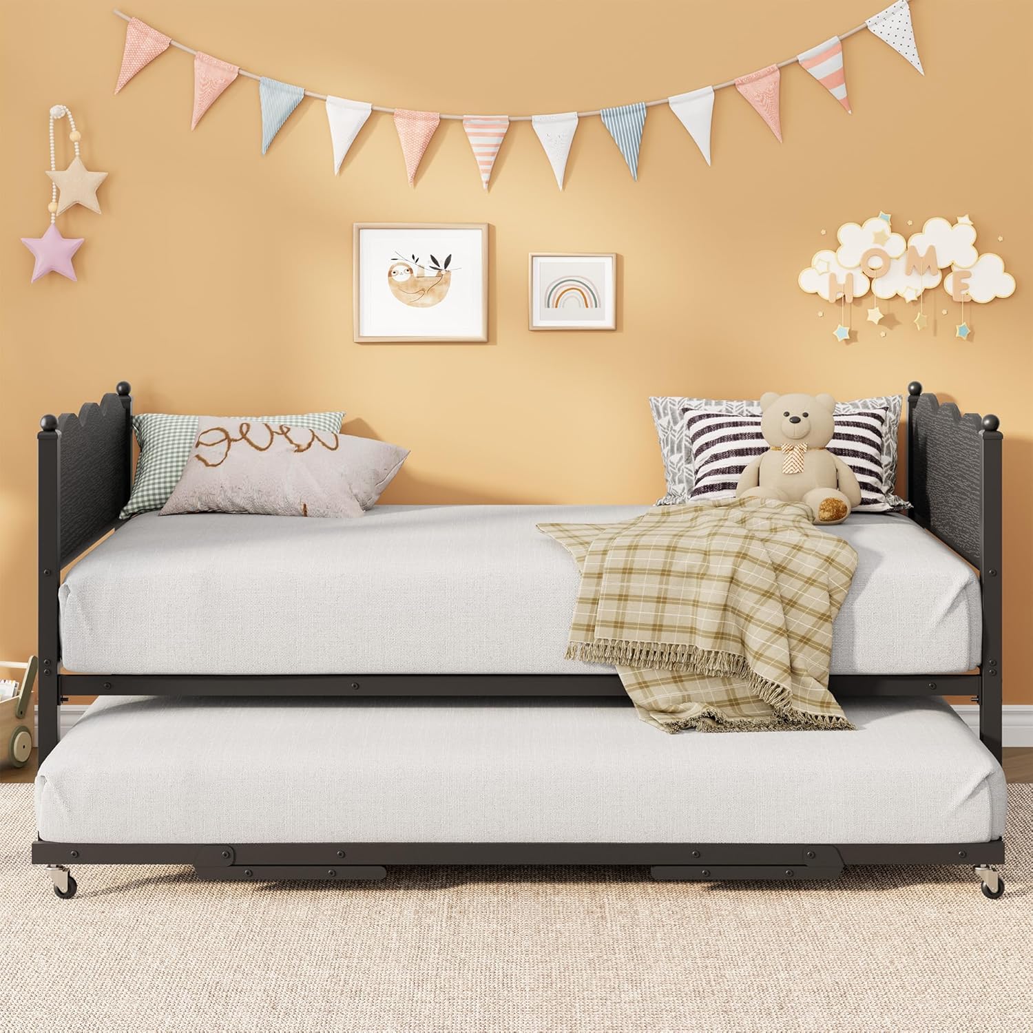 Daybed with Trundle, Metal Twin Size Day Bed with Industrial Wood Grain Headboard, Metal Slat Support & Lockable Casters, Space-Saving Sofa Bed for Living Room/Guest Room, No Box Spring Needed, Black