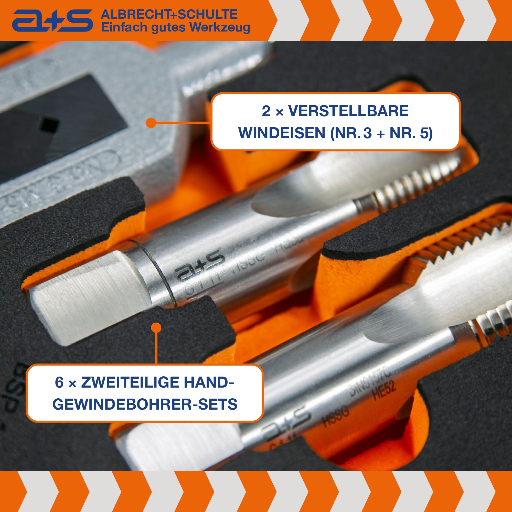 a+s HSS BSP G Rohrgewindeschneider Set | 1/8-1'', 27-tlg. | Gewindeschneider Set Zoll | Whitworth Rohrgewinde