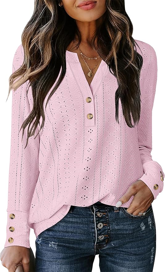 ANRABESS Womens Eyelet Tops Long Sleeve Henley Shirts Business Dressy Casual Blouse Vacation T-Shirt 2025 Fall Outfits