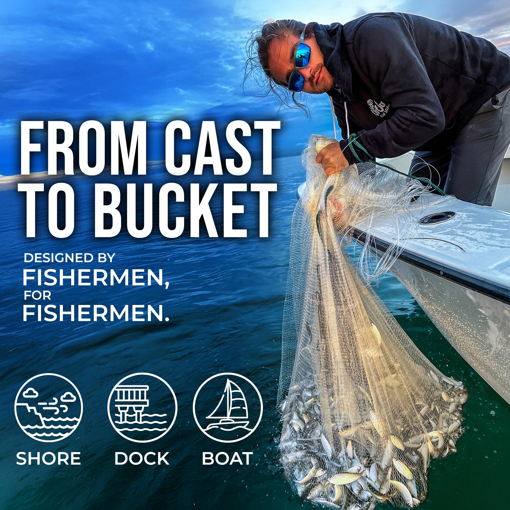 brackish water fishing casting net Juju Cast 7FT - Saltwater Net for Fishing Bait 3/8 Mesh | Includes Mastery Book, Bucket & Bag | 6-Panel Hand-Tied, 1.25LB/FT Real Lead EXCALIBUR JIMMY HOUSTON 