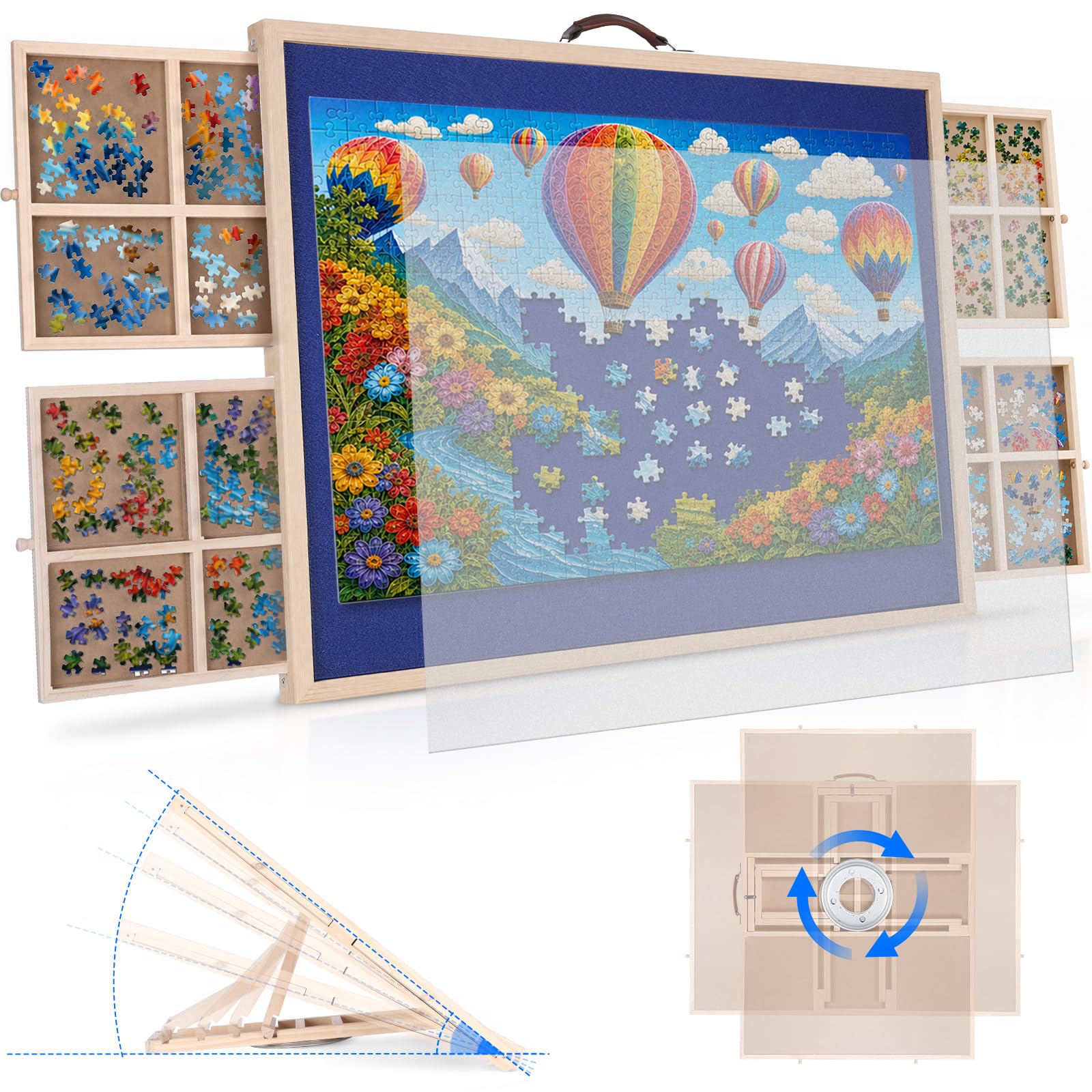 Planche de puzzle de 1500 pièces avec rotation à 360° et 4 angles d'inclinaison, table de puzzle en bois avec 16 compartiments de tri (4 tiroirs), poignée en polyuréthane, feutre antidérapant et