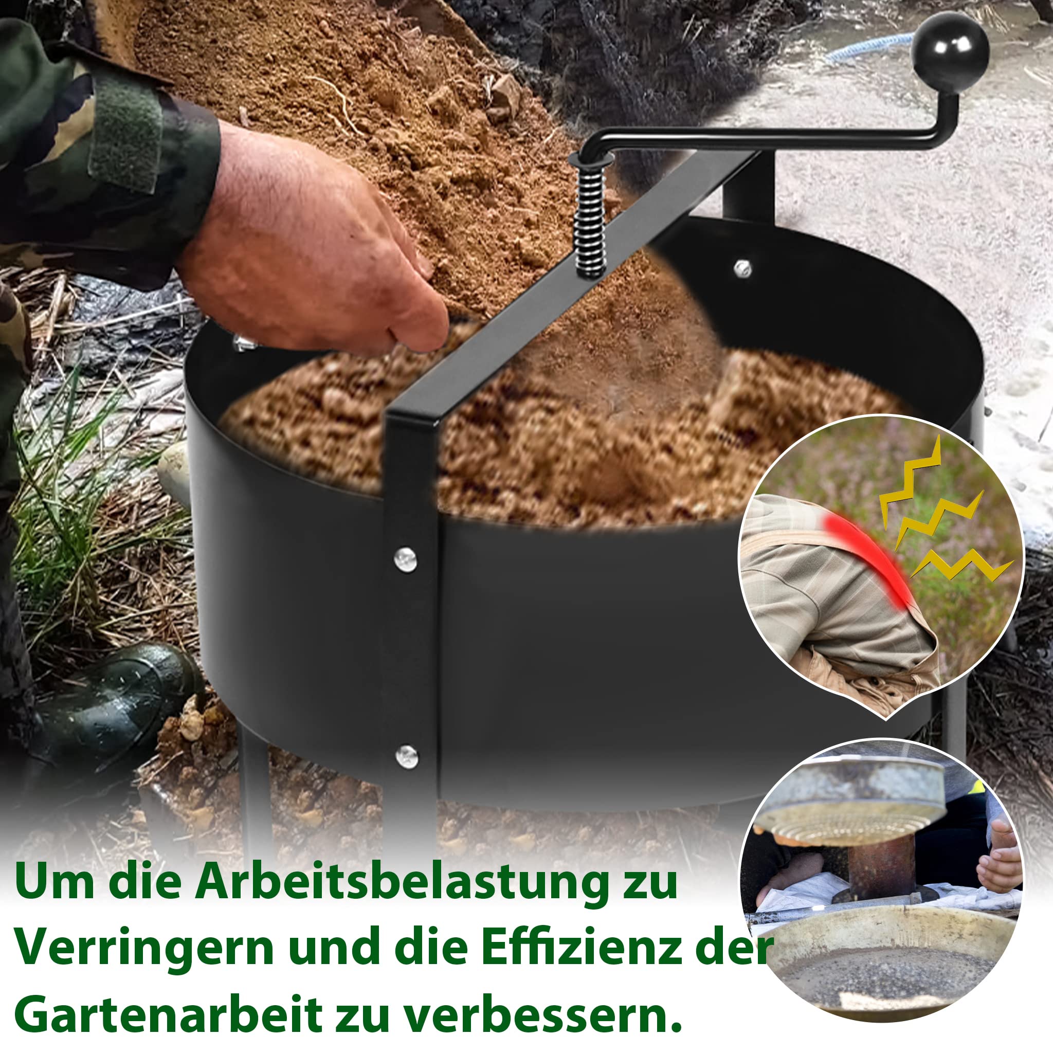 XMTECH Gartensieb Manuell Drehbarer Bodensieb Kompostsieb Sandsieb Kompost Schmutz-Kompost-Sieb Garten Sieb Erdsieb Handkurbelsieb Siebmaschine mit Netz-Siebpfanne und Griff, Schwarz