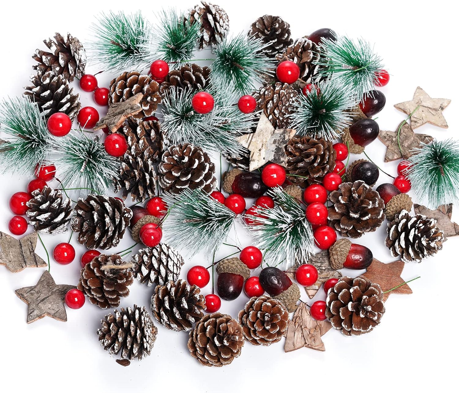 80pcs Artificial Pine Cones Pine Branch Set, Fake Natural Pinecones Acorns Red Berries Christmas Decor Ornaments for Home Winter Decorations
