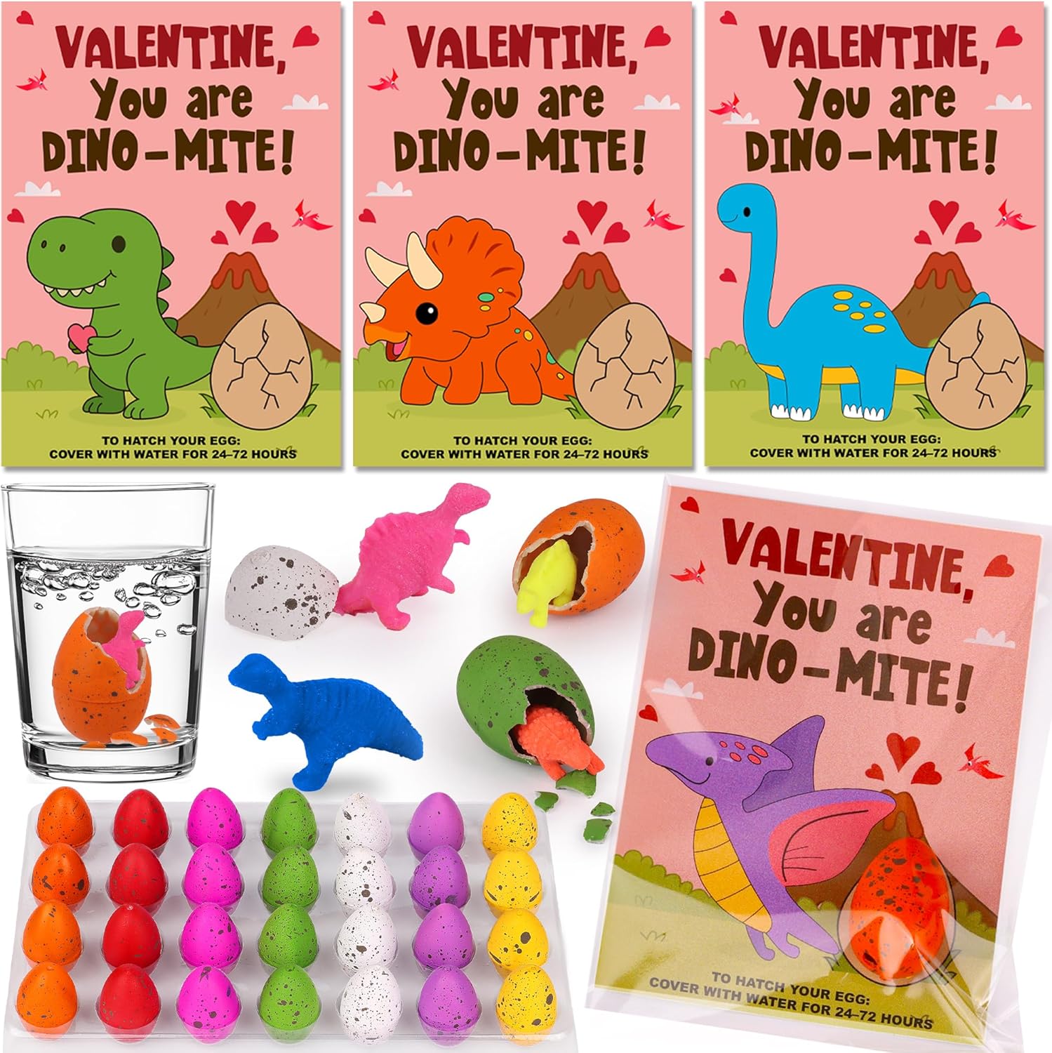 28 Pack Valentines Day Cards with Hatching Dinosaur Eggs Valentines Day Gifts for Kids Classroom, Valentines for Kids School Valentines for Class Exchange Cards Prizes Party Favors for Boys Girls