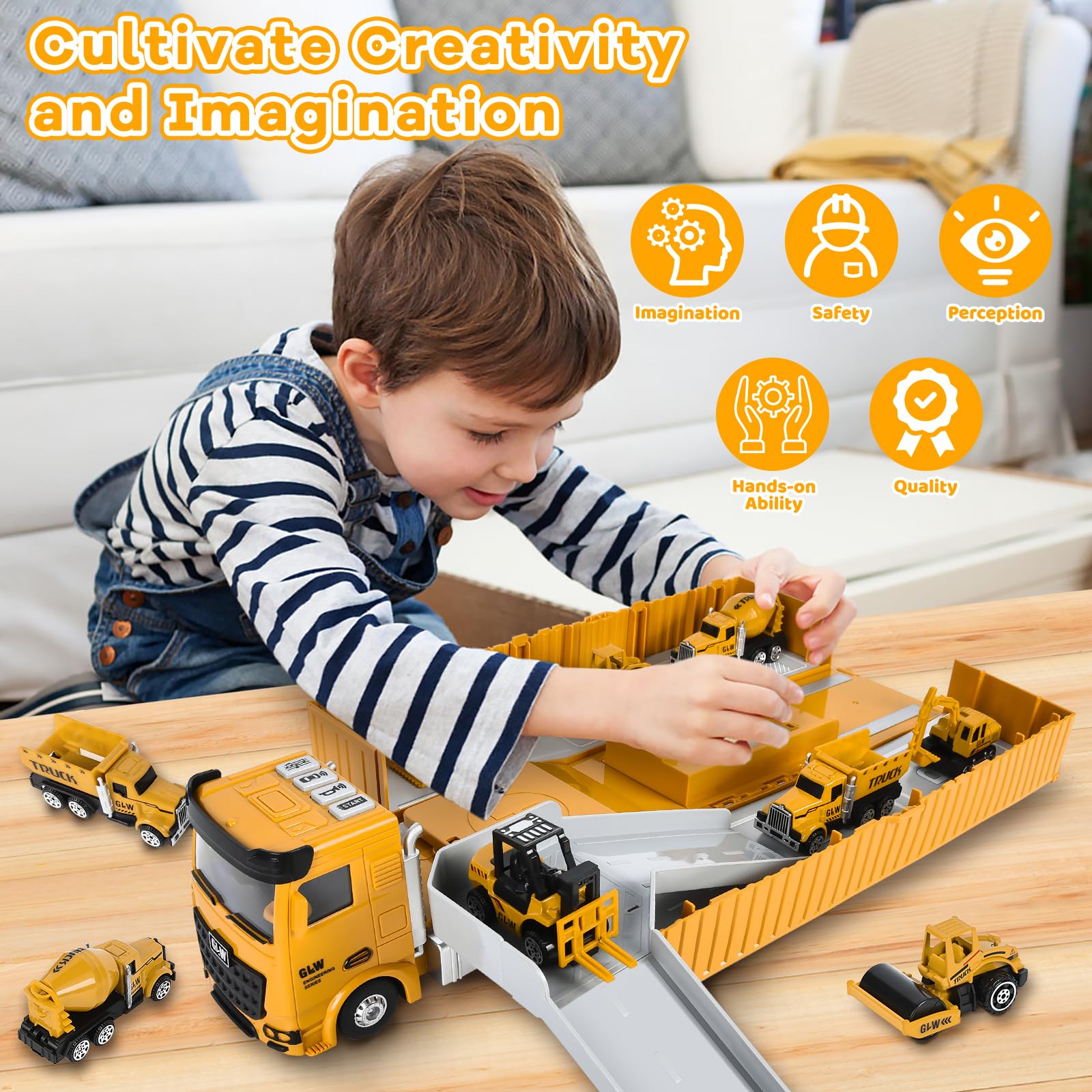 FORMIZON Camion Giocattolo per Bambini, Veicoli da Cantiere con Musica e Luci, 6 Mini Veicoli, Gru Giocattolo Gialla