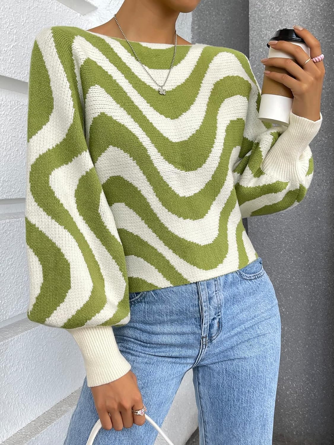 Women's Sweater Wave Stripe Pattern Lantern Sleeve Sweater Sweater for Women (Color : Multicolor, Size : Medium)