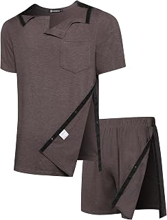 2PCS Mens Post Surgery Clothing Set Full Open Shirt & Tear Away Shorts Shoulder Rotator Cuff Recovery Wear