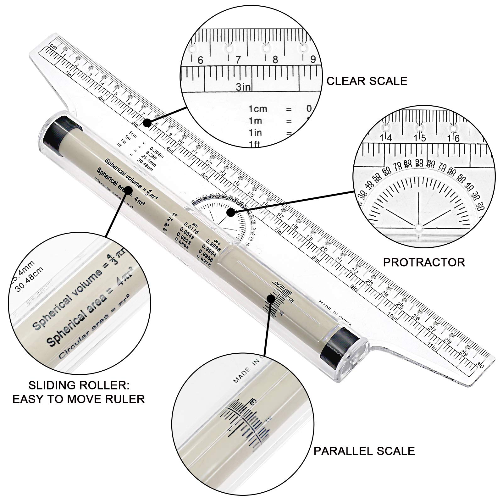 BokWin 12 Inch Measuring Rolling Ruler, Drawing Roller Ruler, Parallel