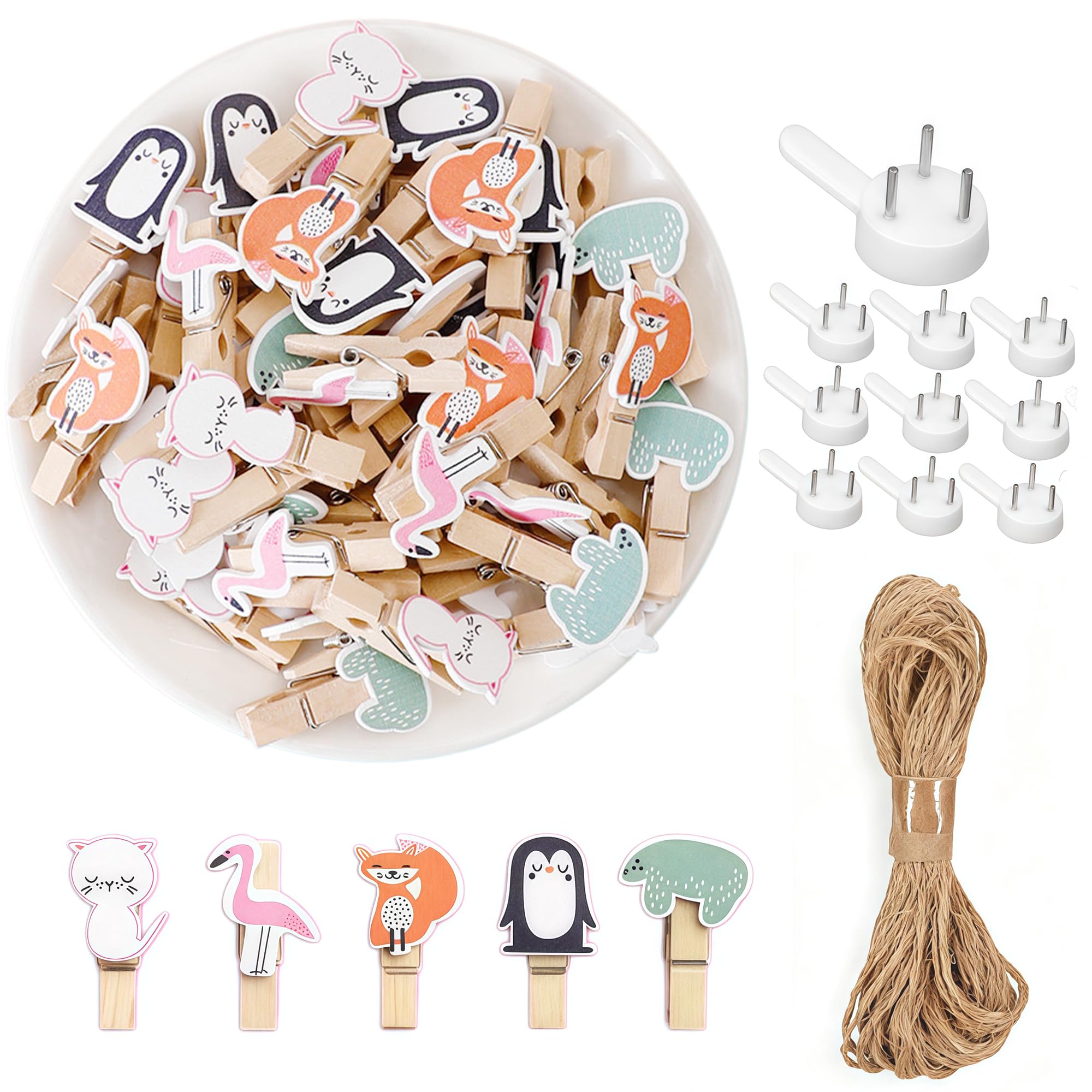 DWUENT 50pcs 4x2cm Cute Animal Wooden Clothes Pegs - Mini Clips for Arts & Crafts, Baby Showers, Kids Photos & Parties - Assorted Coloured