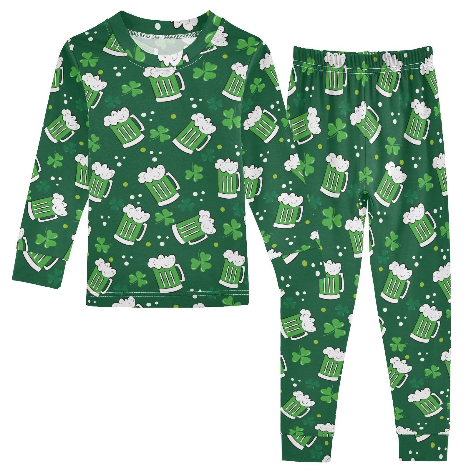 JHKKU St Patricks Day Green Beer Pajamas Set Cotton 2 Piece Soft Comfy Pjs Long Sleeve Lounge Sleepwear 18M