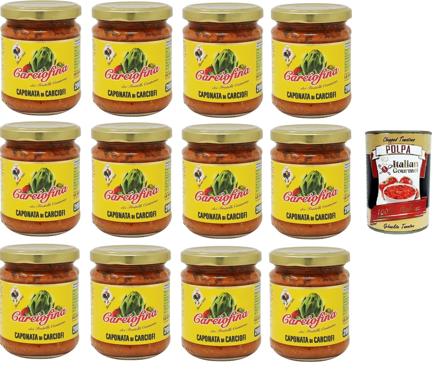 Fratelli Contorno Carciofina, Caponata di Carciofi Caponata d'artichauts 12 x 200 g + Italian Gourmet Polpa 400 g