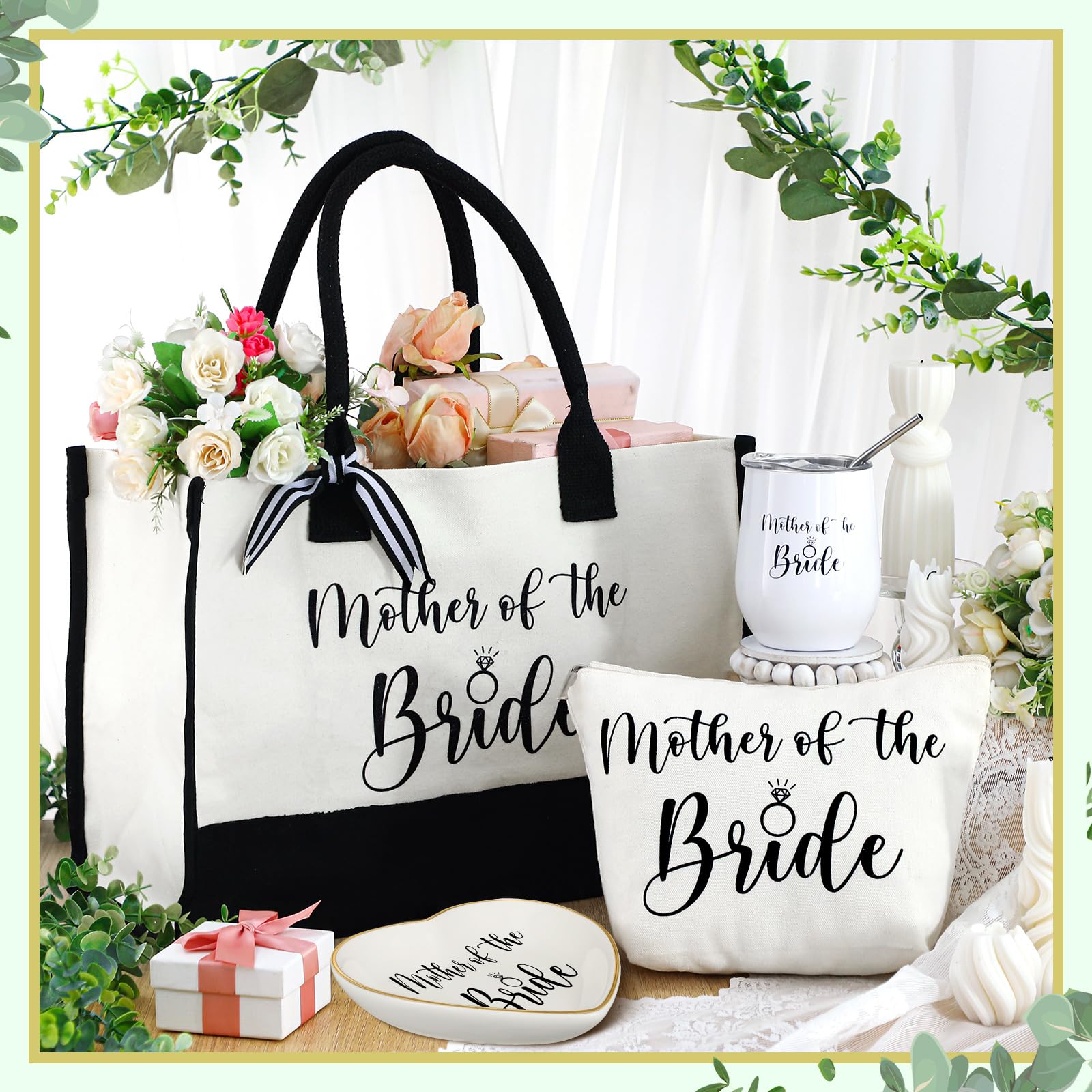 FoldTier 4 Pieces Mother of the Bride Bags Bridal Shower Gifts for Wedding Canvas Tote Bag for Mother of the Bride with Makeup Bag Tumbler Cup Mother Jewelry Tray Bridal Ring Holder for Wedding