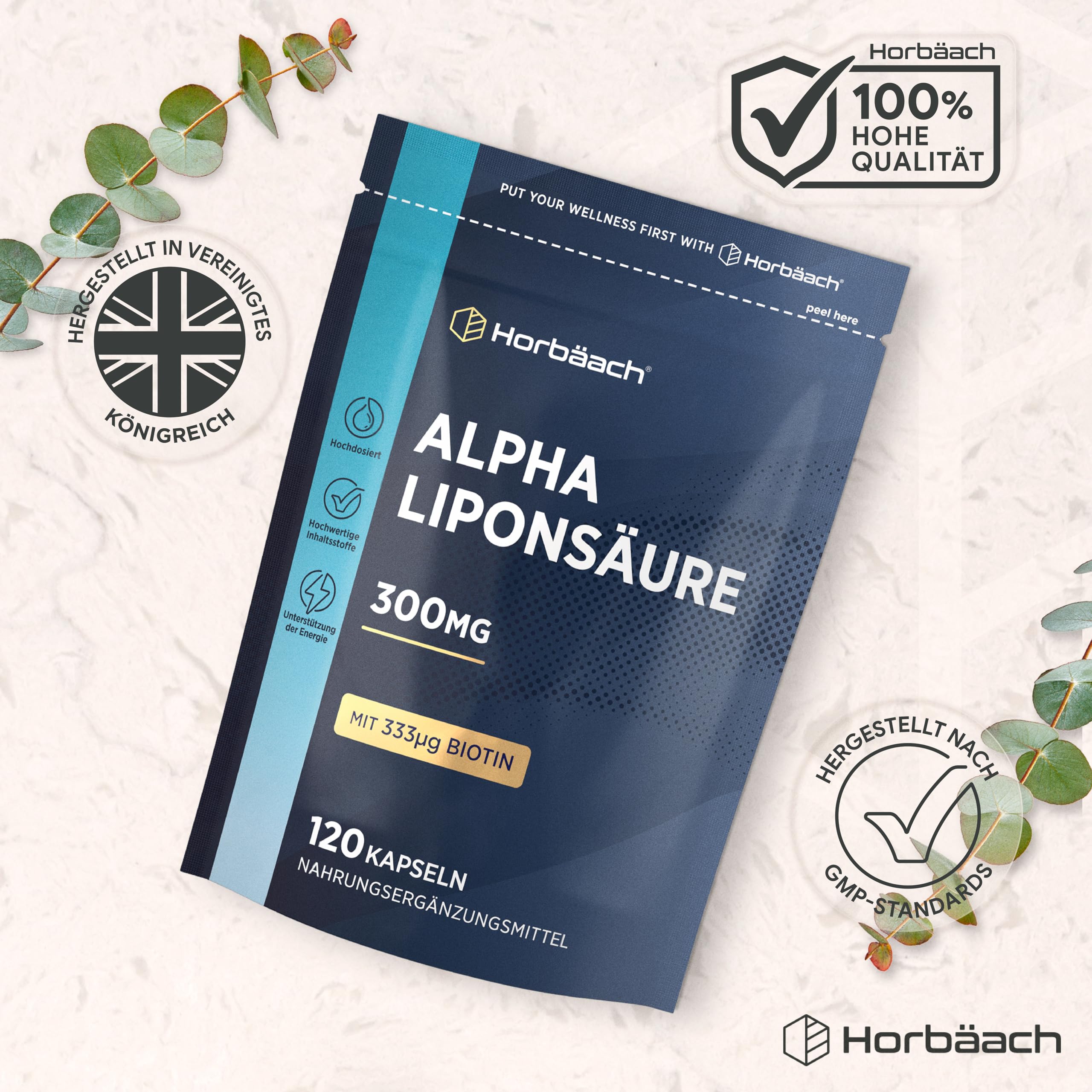 Alpha Liponsäure 300mg Pure | 4 Monate Vorrat - 120 Alpha Lipoic Acid Kapseln | Hochdosiert | ALA | Beauty Complex mit Biotin | Horbaach