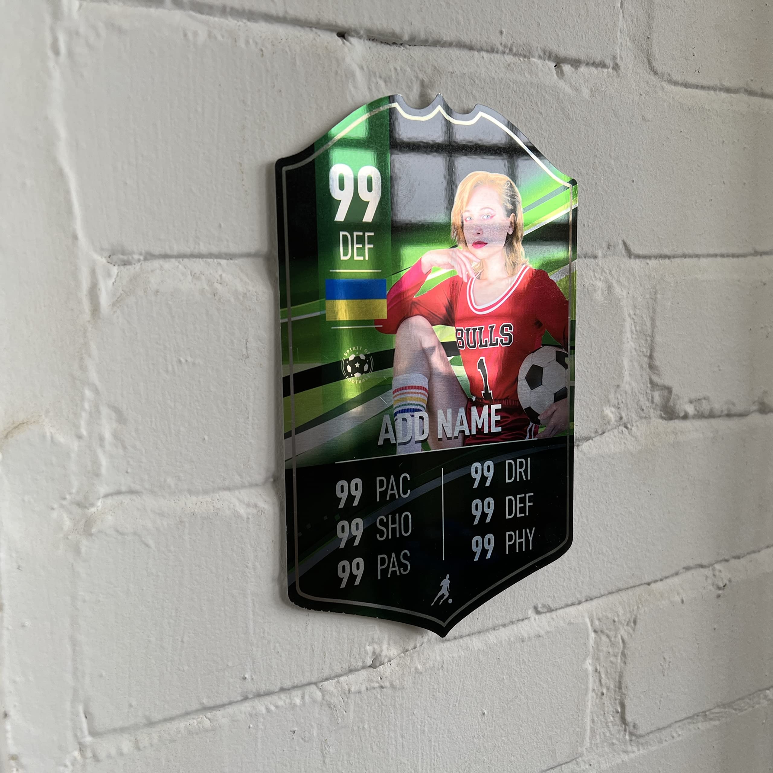 ShopQuality4U Mirror Finish Personalise Football Cup Player Stats Card Sign - Green Background Printed Metal Shield Sign Wall Art A4 Player Add Name (28x17cm)