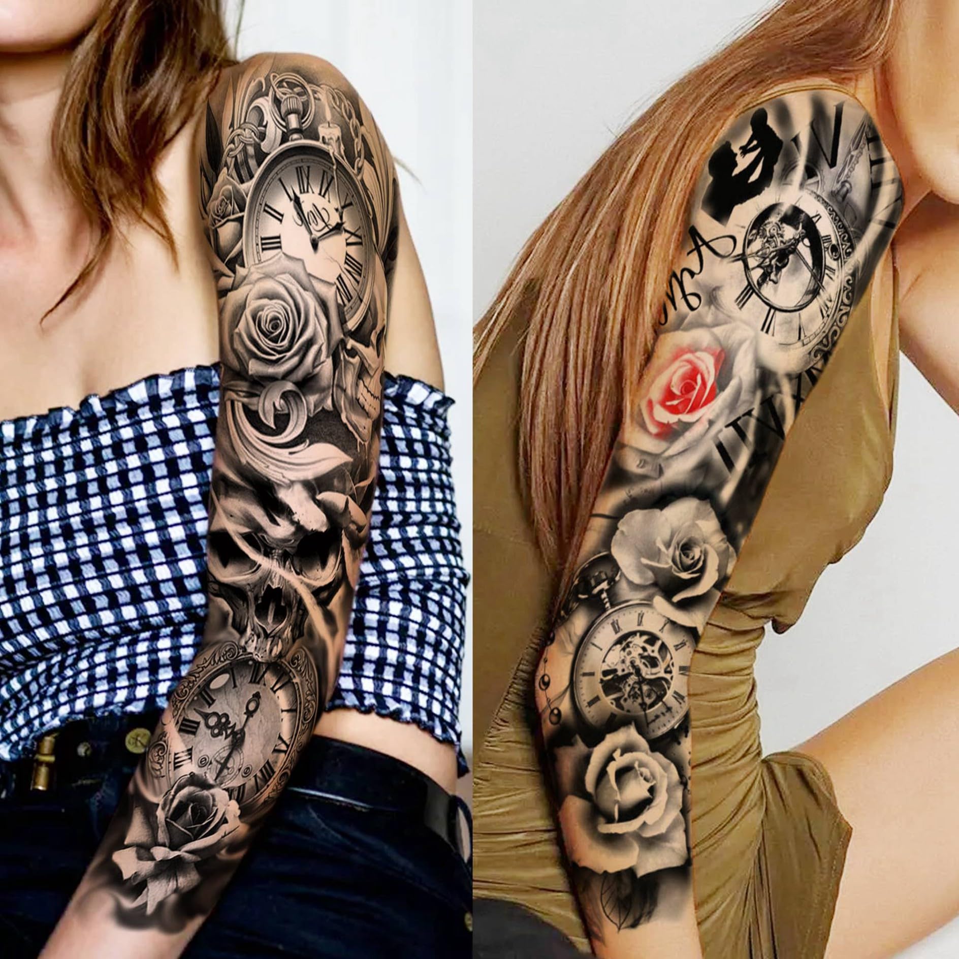 20 Sheets Large Full Arm Temporary Tattoos for Women Girls Thigh Rose Flower Tribal Eye Compass Clock Fake Tattoo Sleeve for Adults Long Lasting Peony Florals Peace Dove Black Tattoo Stickers - Image 2